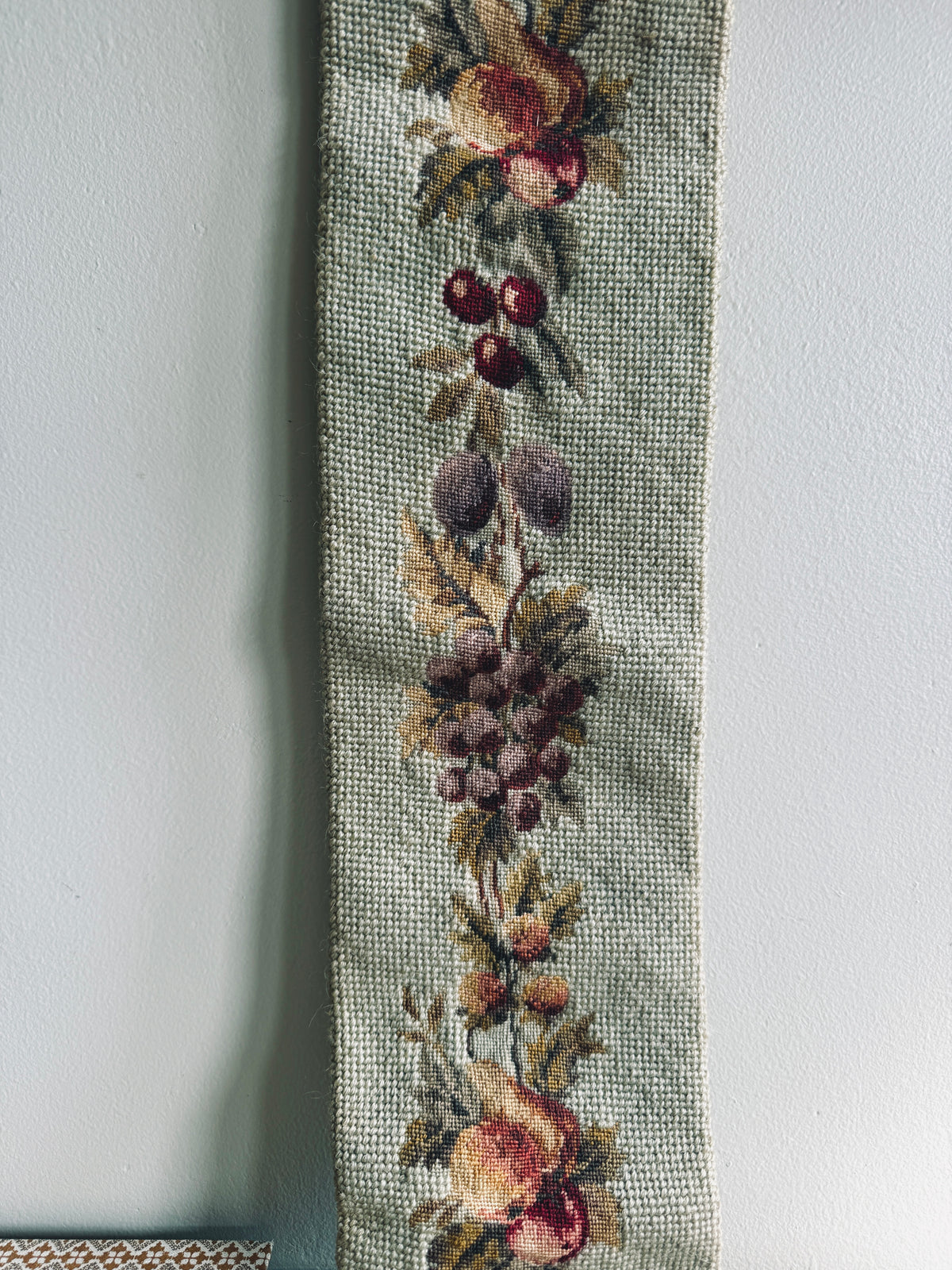 Large wool needlepoint bell pull with fruits