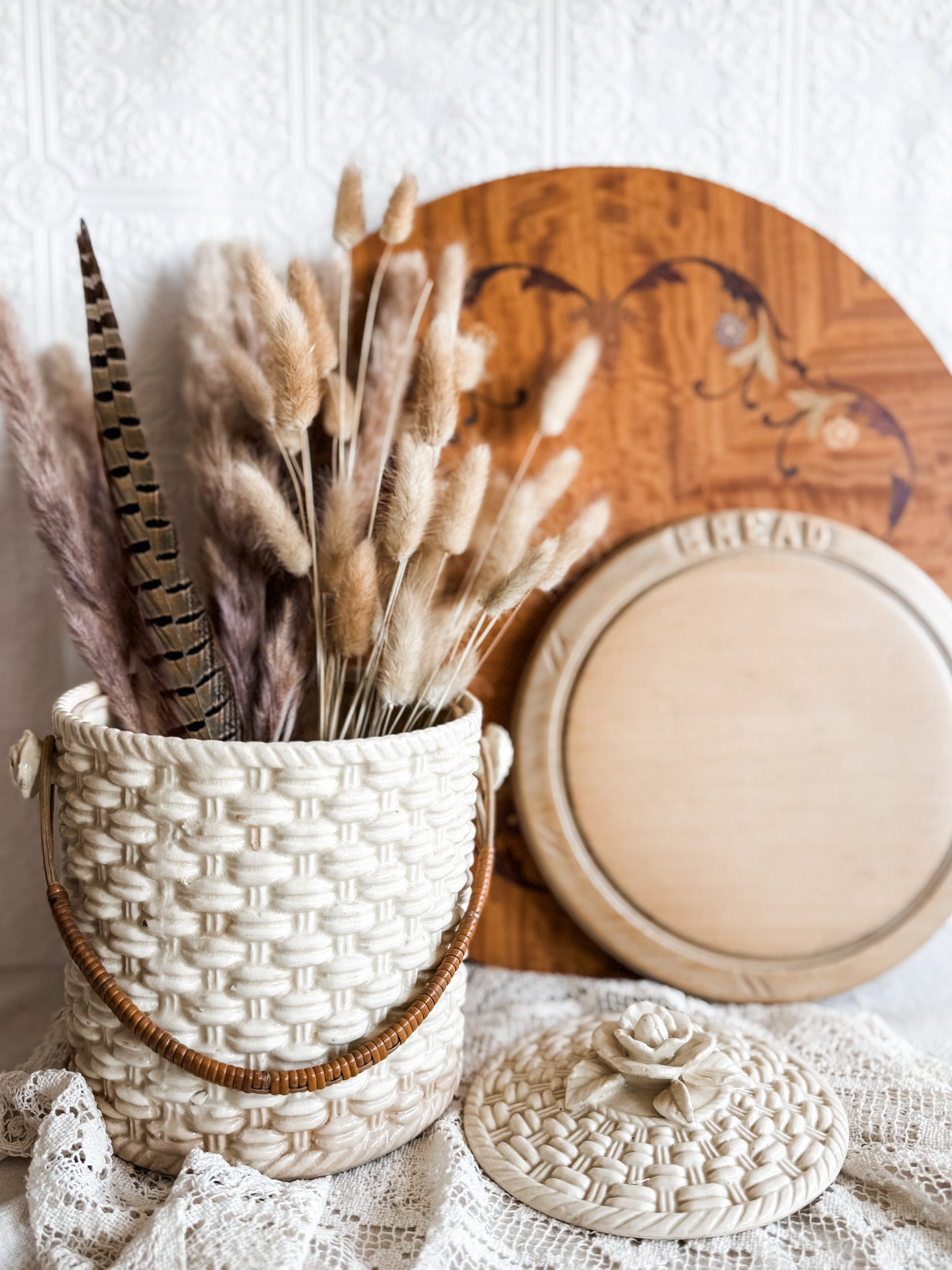 Ceramic biscuit jar, basket weave pattern with rattan handle