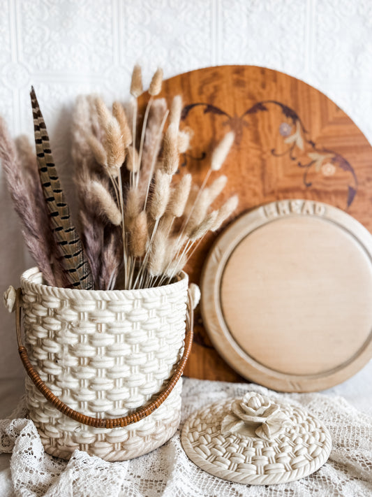 Ceramic biscuit jar, basket weave pattern with rattan handle