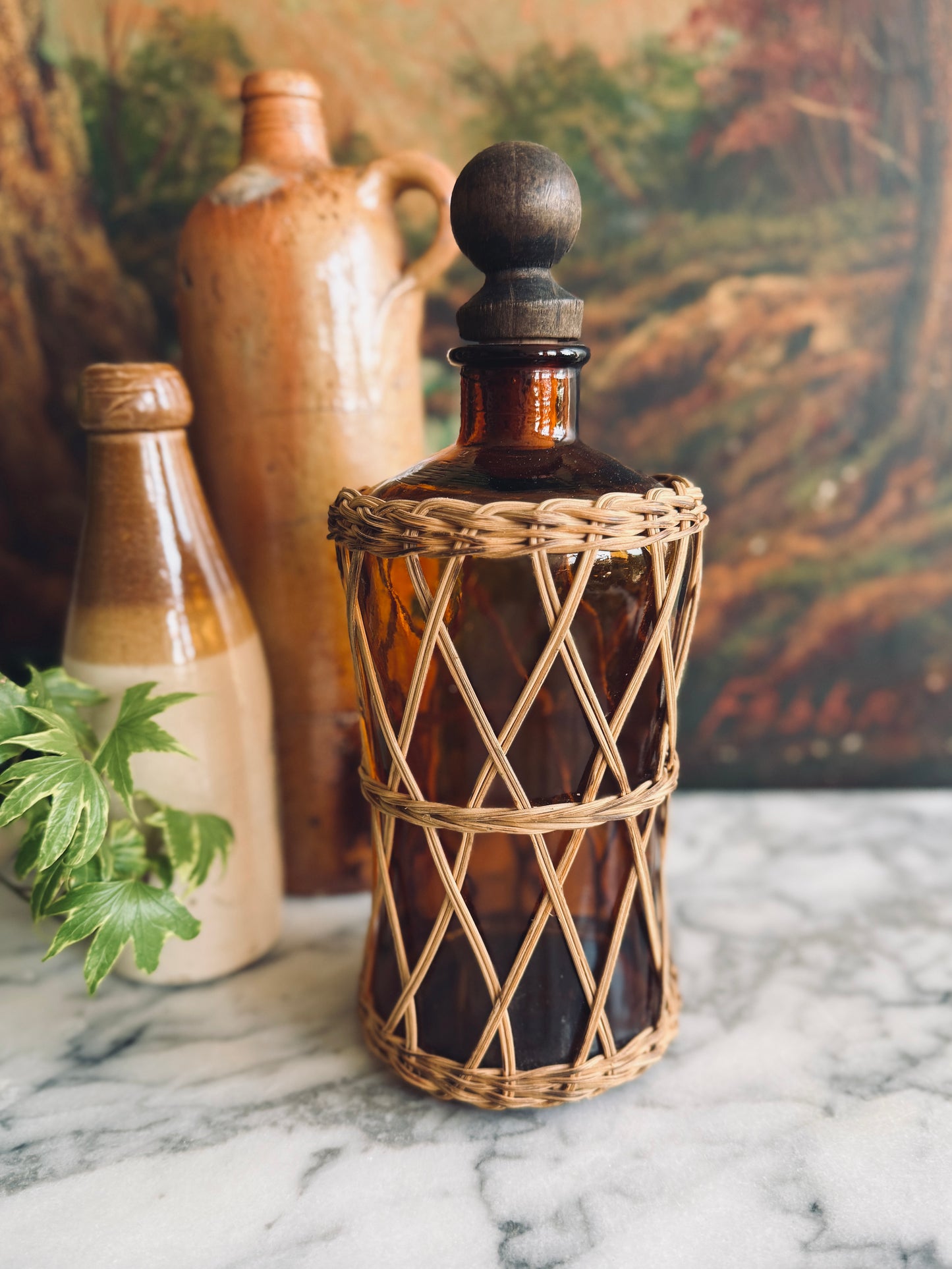 Vintage amber glass wicker wrapped decanter