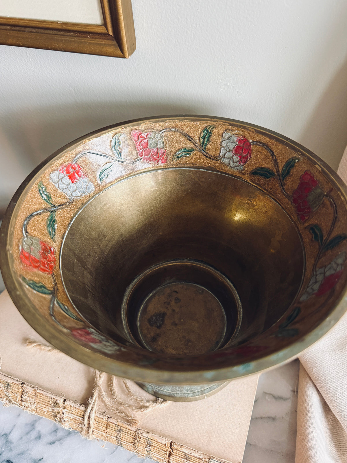 Large brass and enamel vessel with ducks