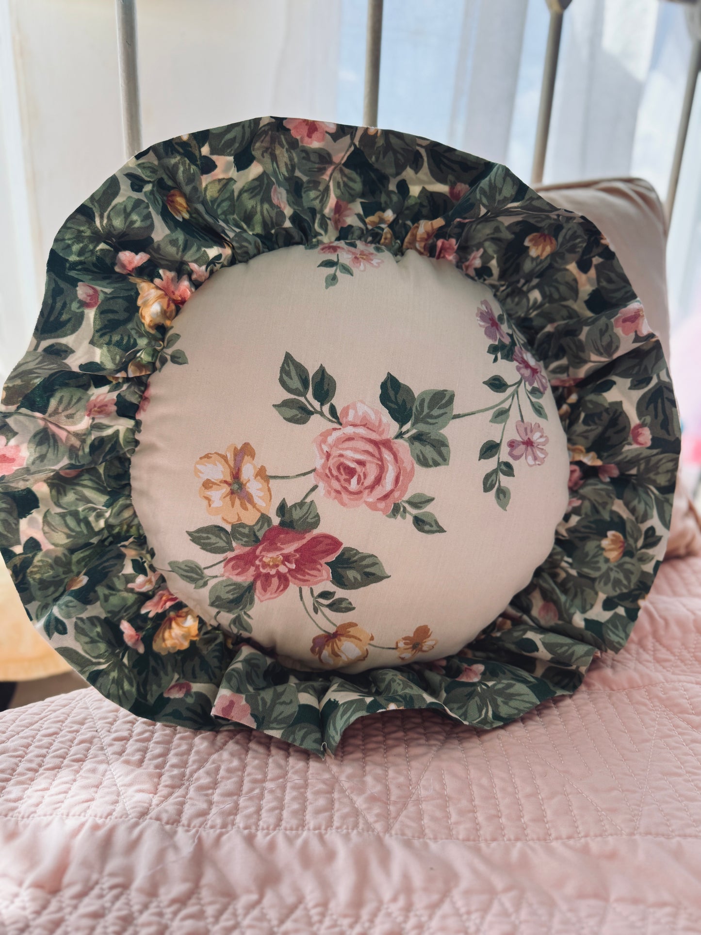 Vintage Round Ruffled Floral Pillow