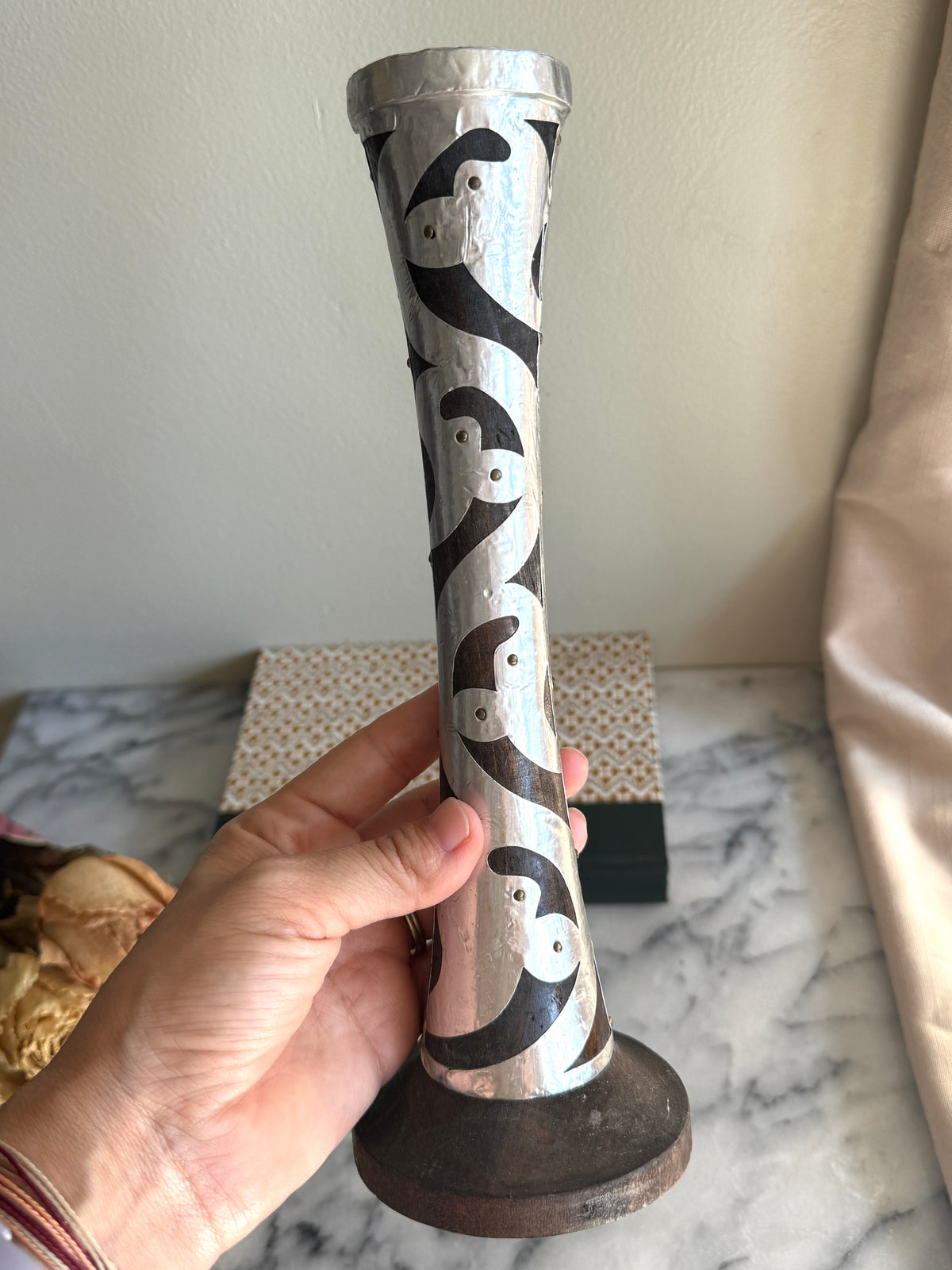 Wooden candlesticks with silver metal overlay