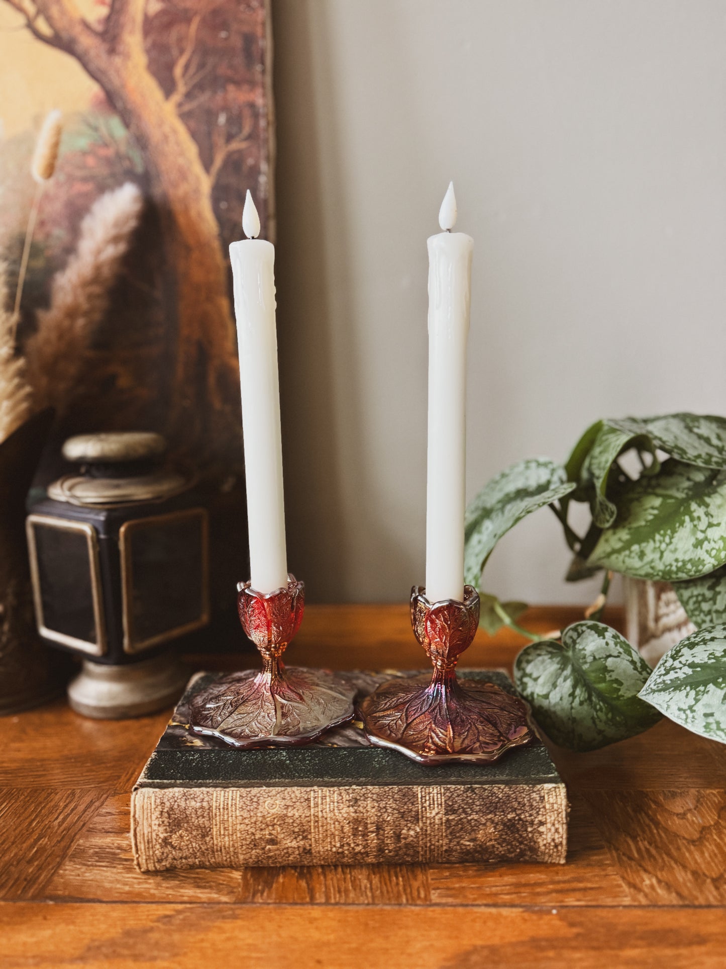 Ruby red imperial glass acanthus leaf candle holder