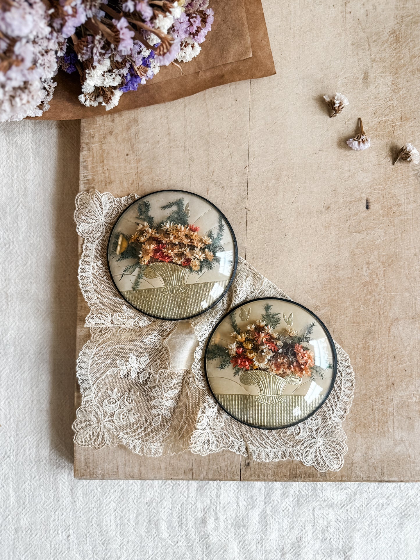 Pair of Vintage Dried Florals in a Round Convex Frame