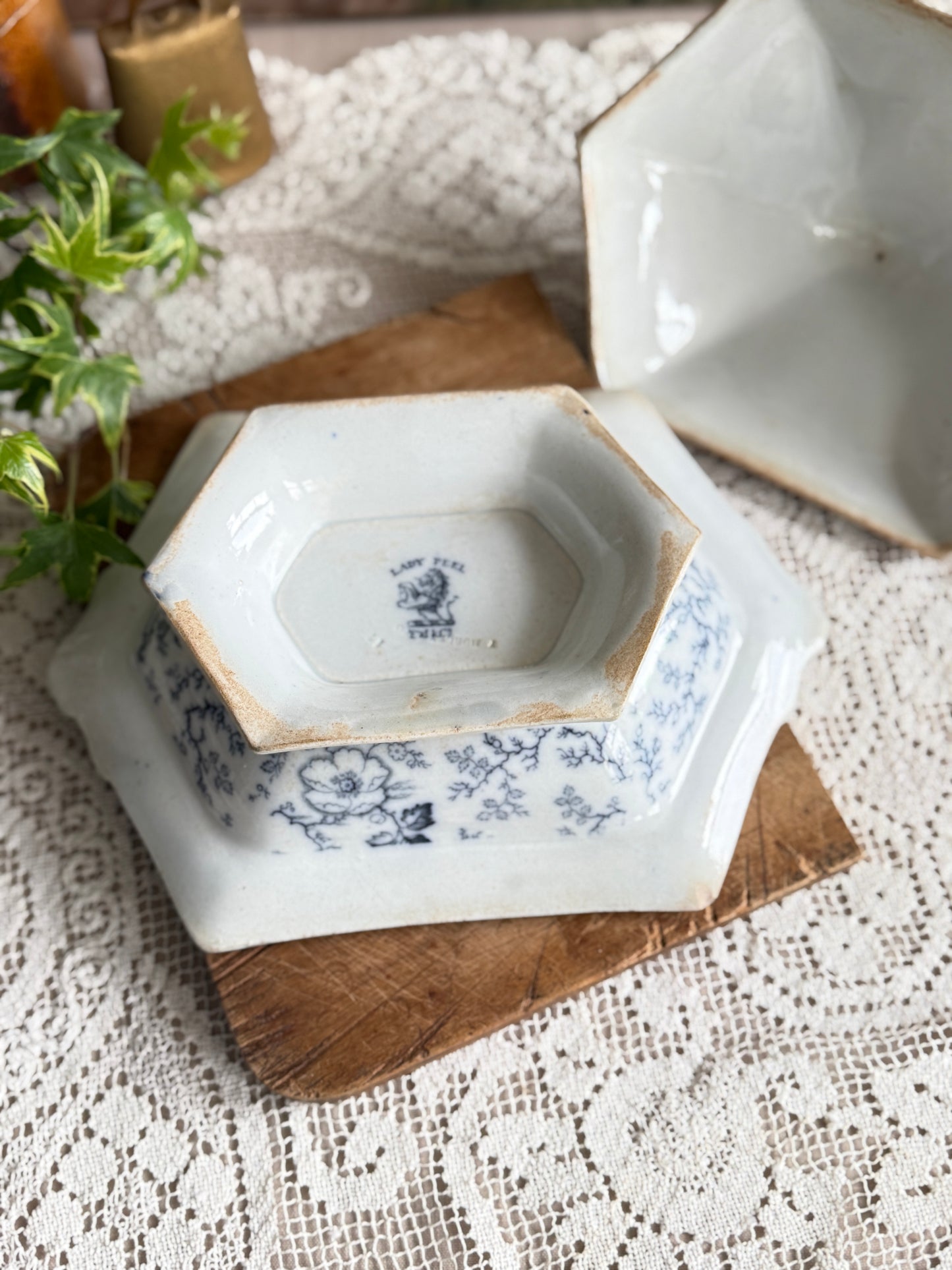 Antique Mid 19th century Staffordshire covered tureen made by Francis Morley & Co. in the pattern “Lady Peel”