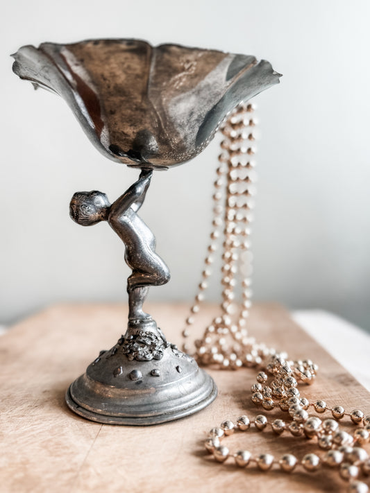 Pewter Cherub Holding a Flower Compote