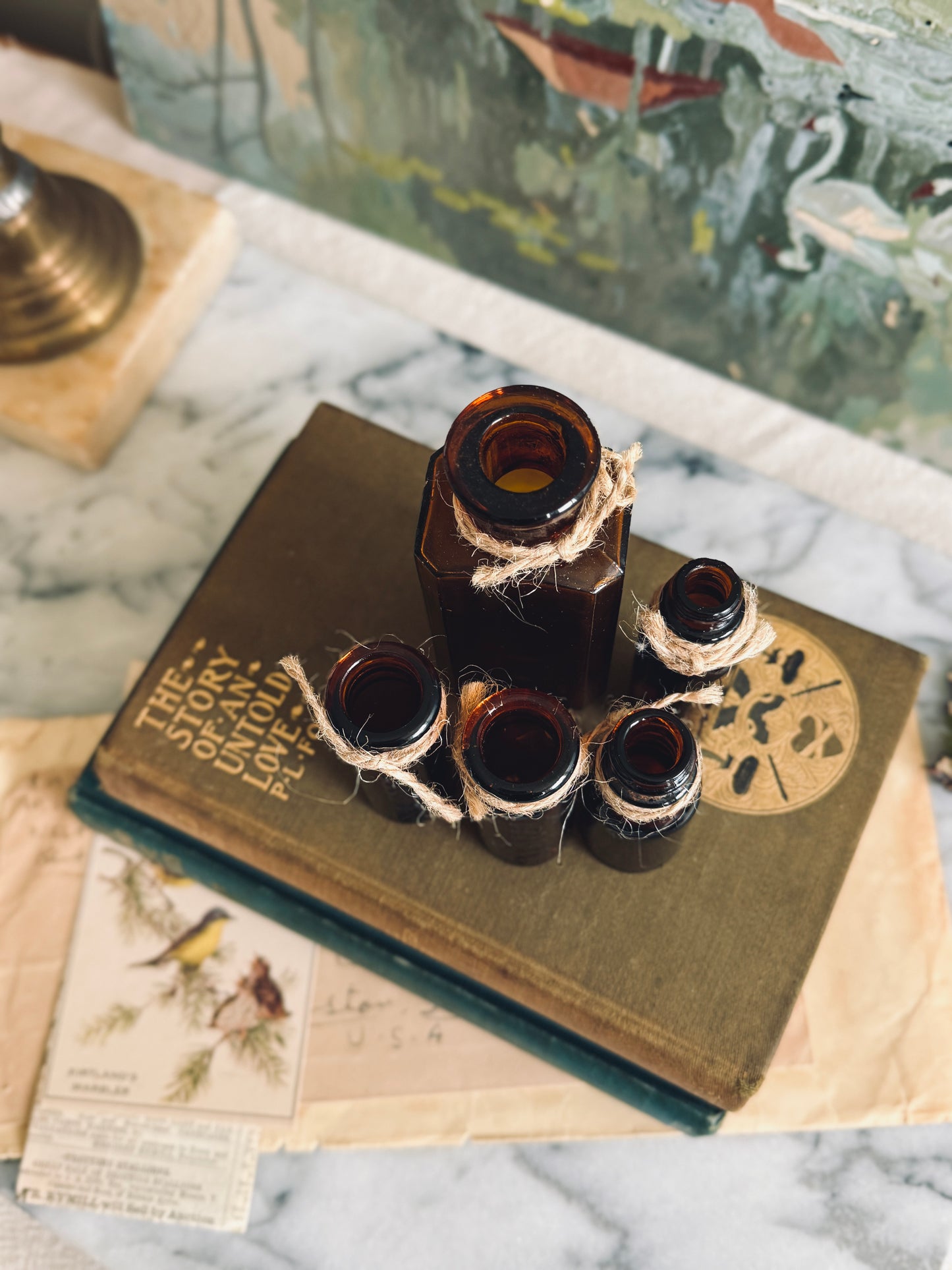 Set of 5 Vintage Brown Amber Glass Bottles