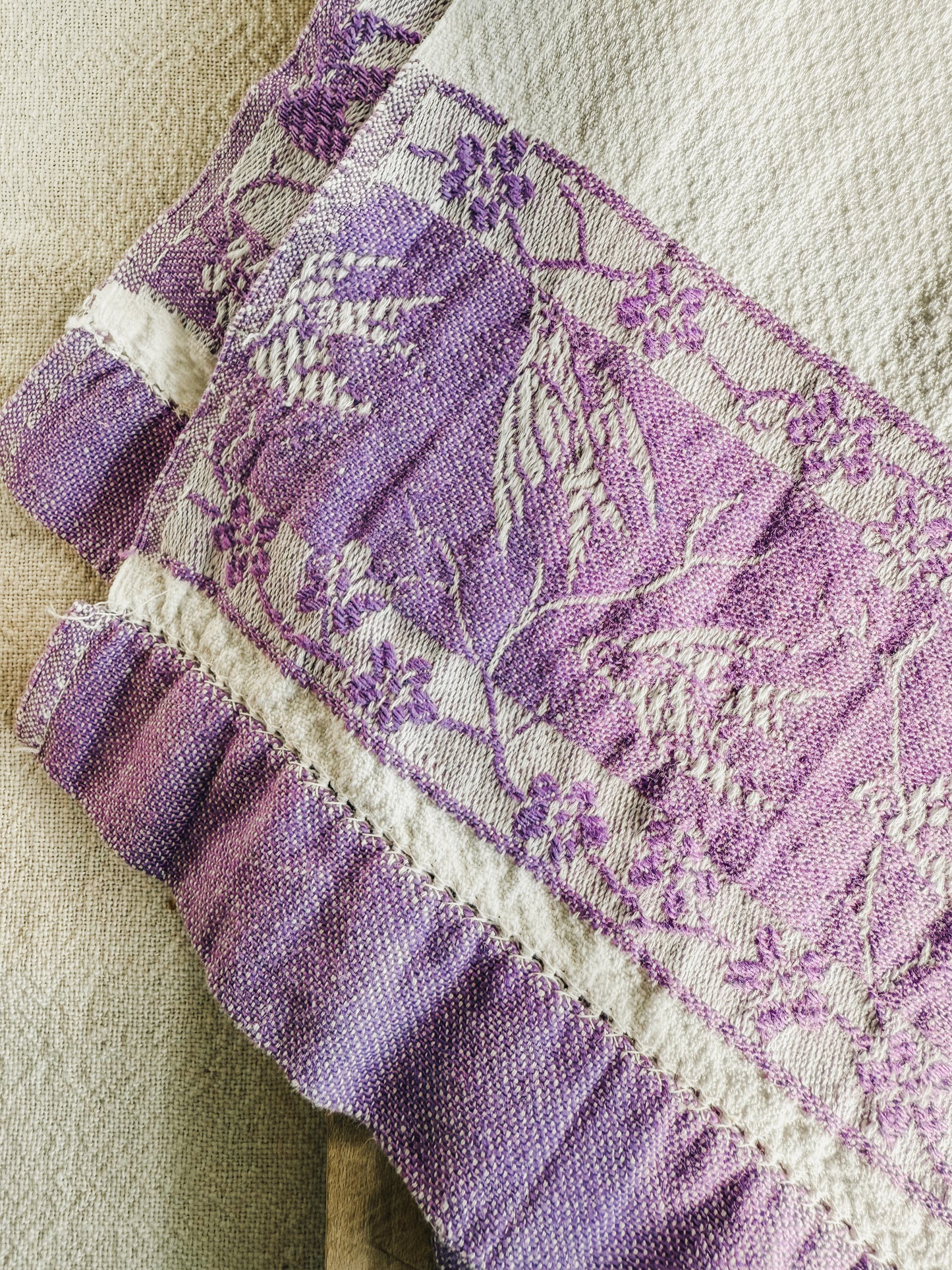 Cotton Linen Hand towel with Purple Bird accent along Bottom