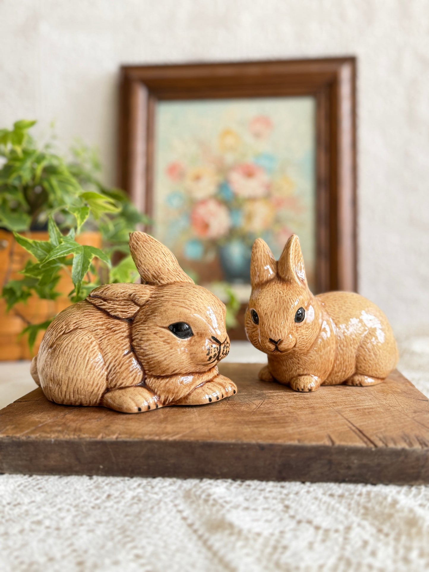 Pair of hobby painted ceramic bunnies