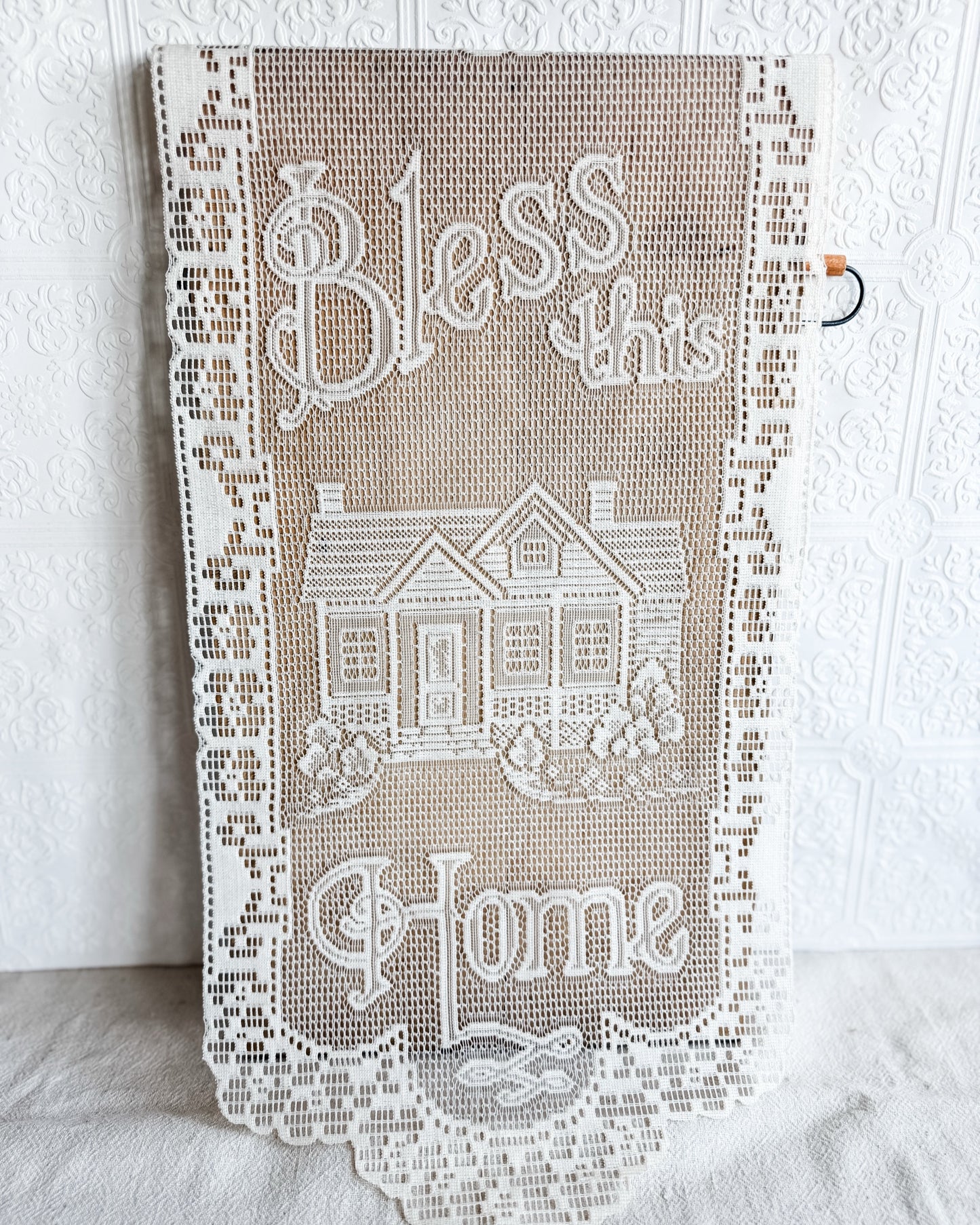 White lace wall hanging, Bless This Home