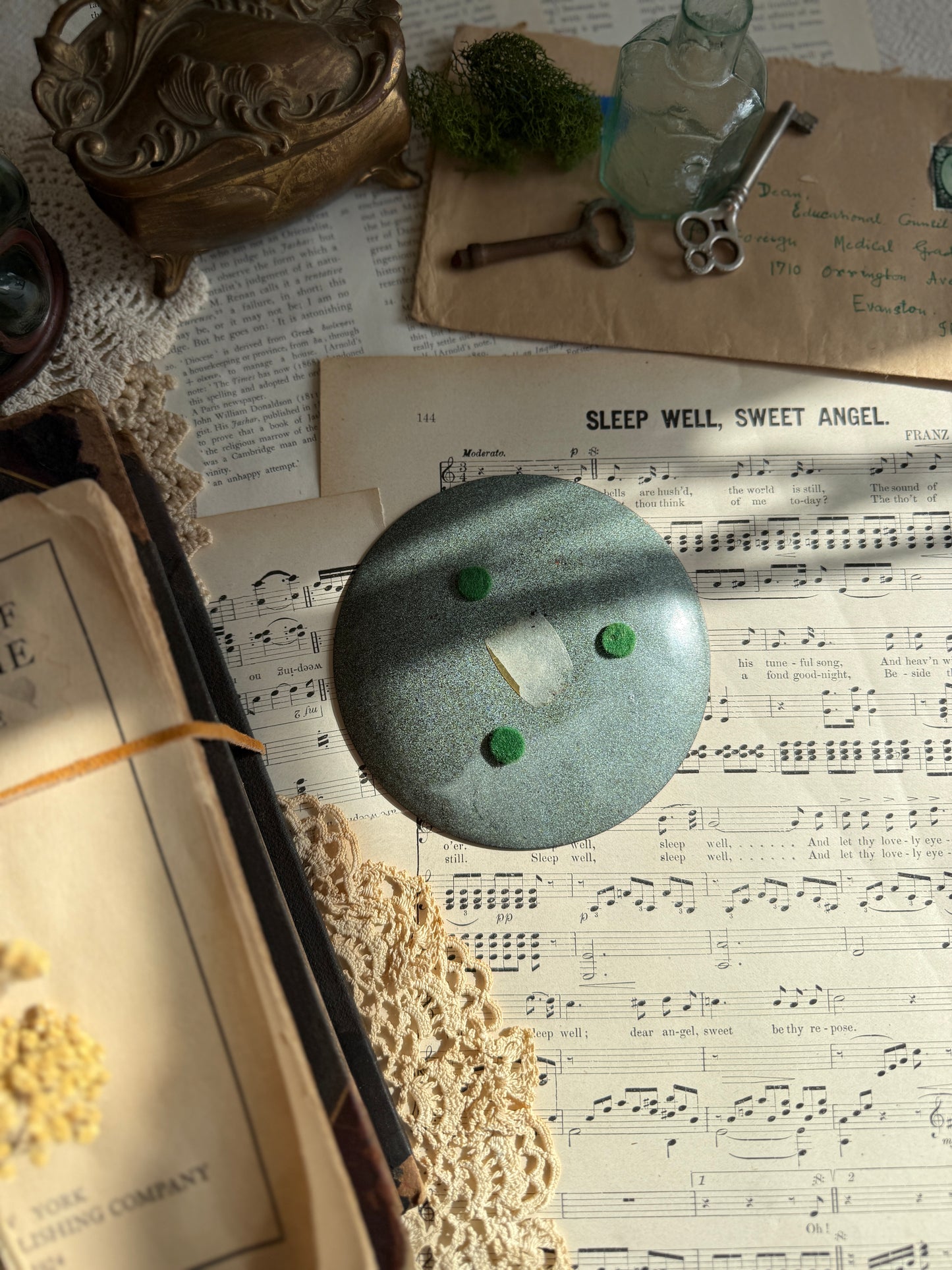 Vintage enamel over copper trinket dish with columbine flower