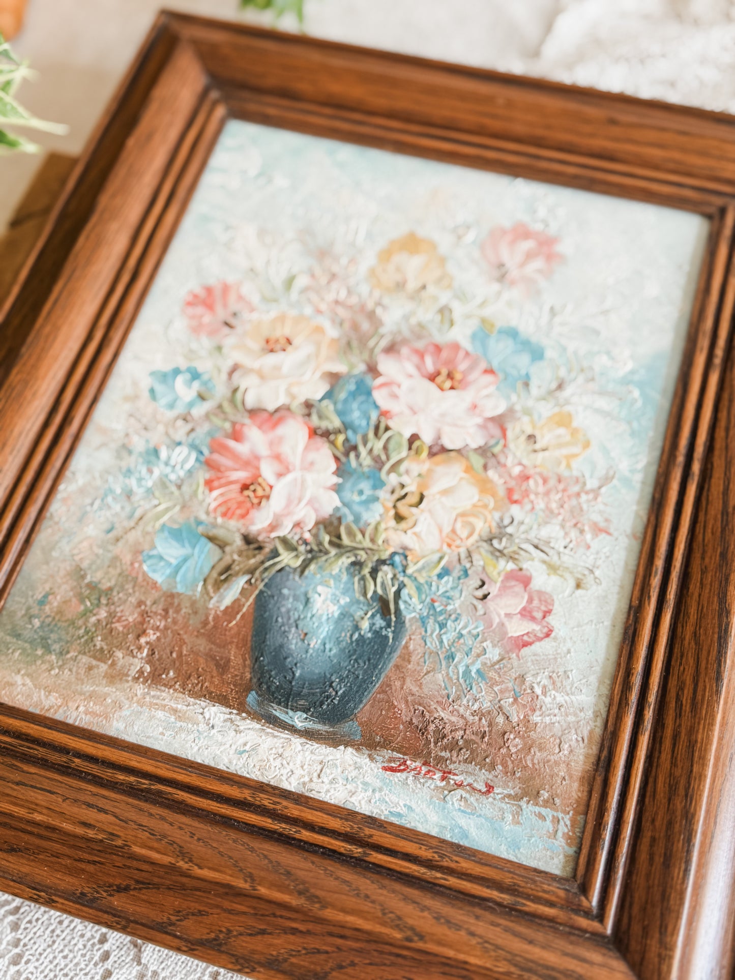 Framed bright floral still life painting