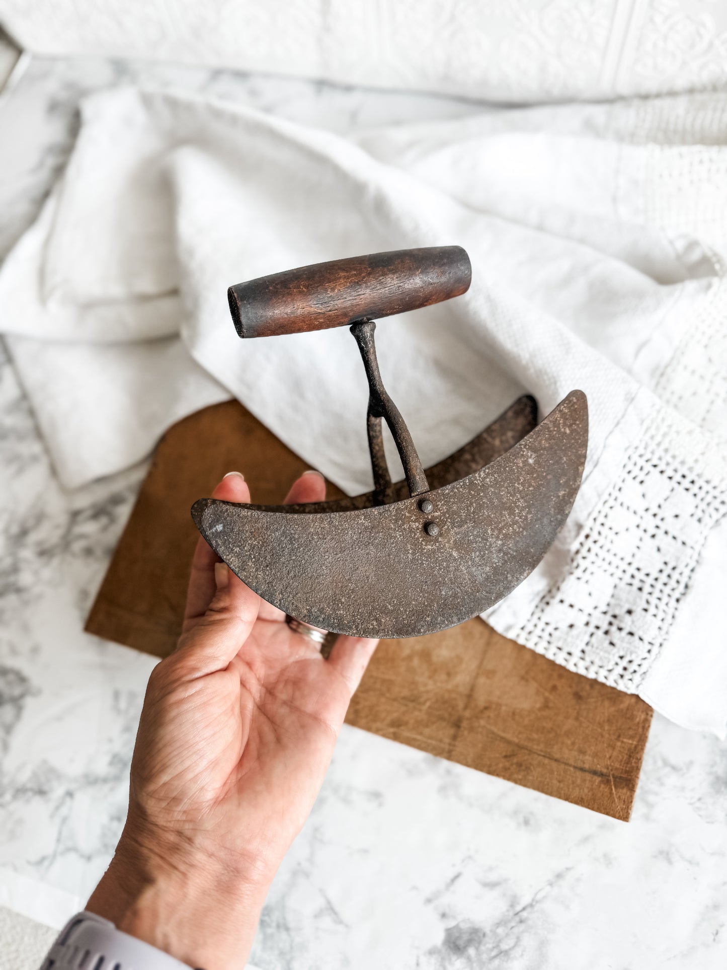 Primitive food chopper with wooden handle