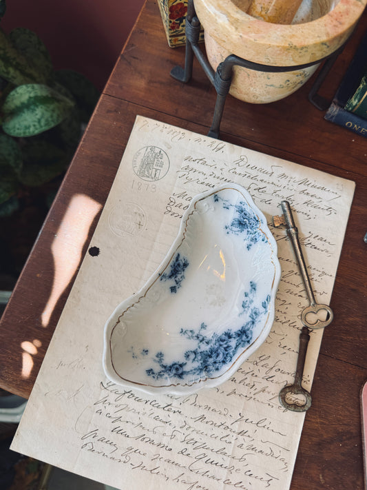Antique W.H. Grindley "Rose" Flow Blue Bone Dish
