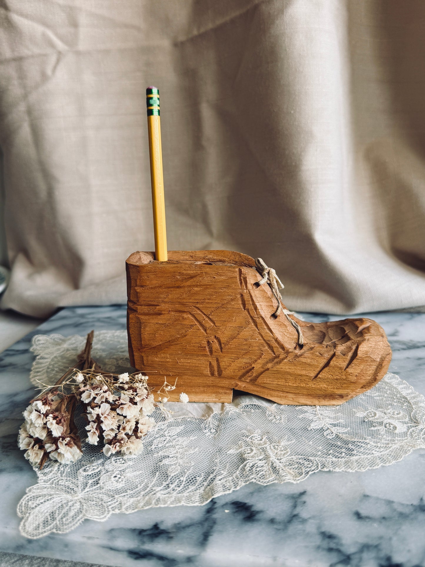 Hand carved wooden shoe pencil holder
