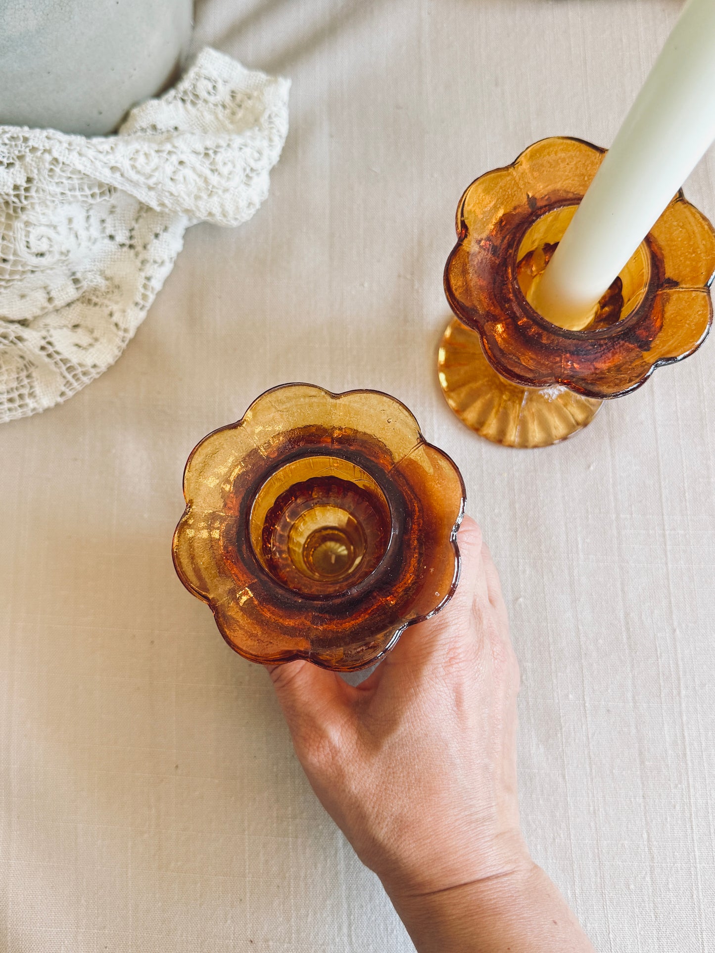 Vintage amber candlestick holders