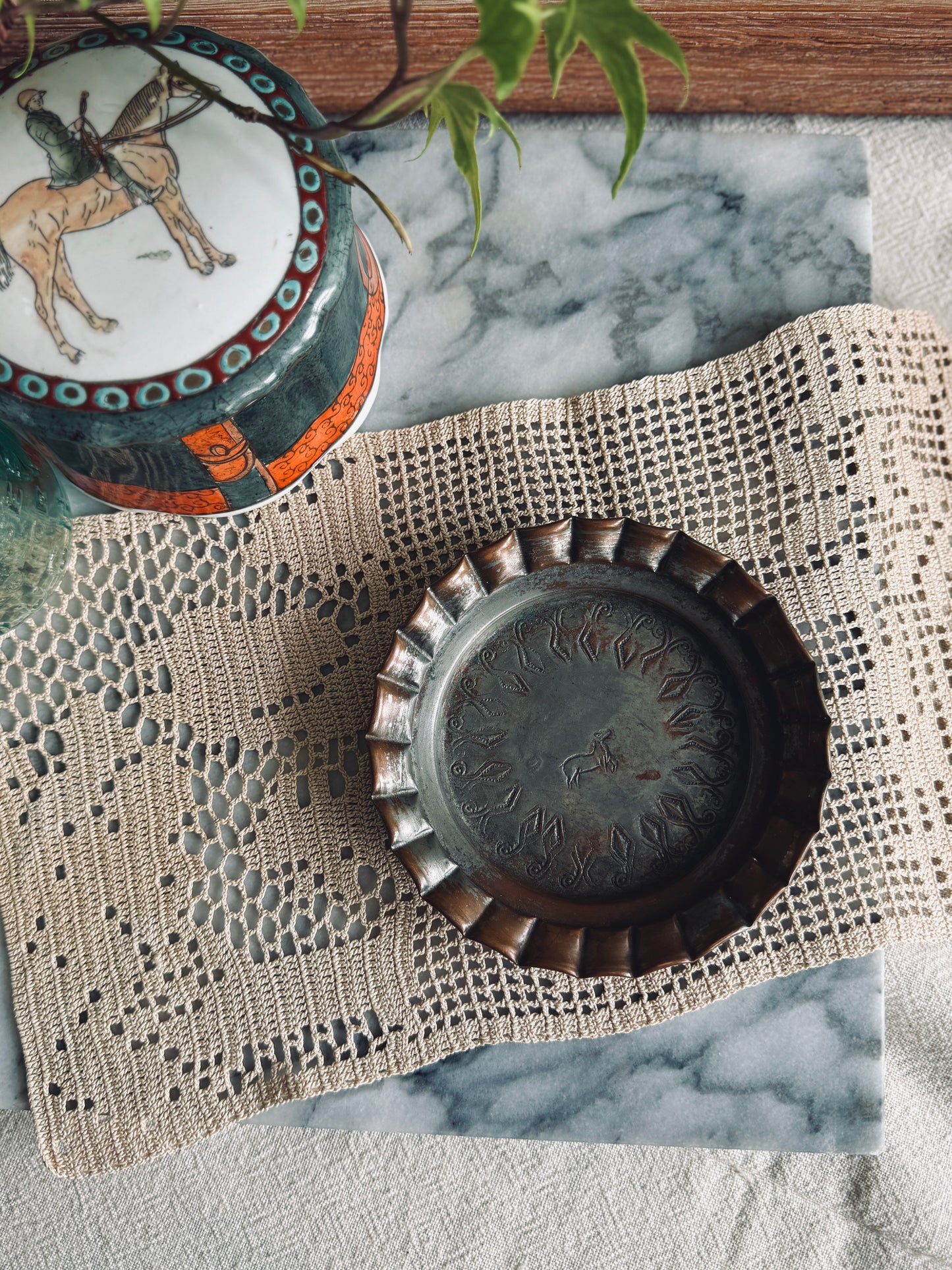 Copper planter and saucer with hand etched design