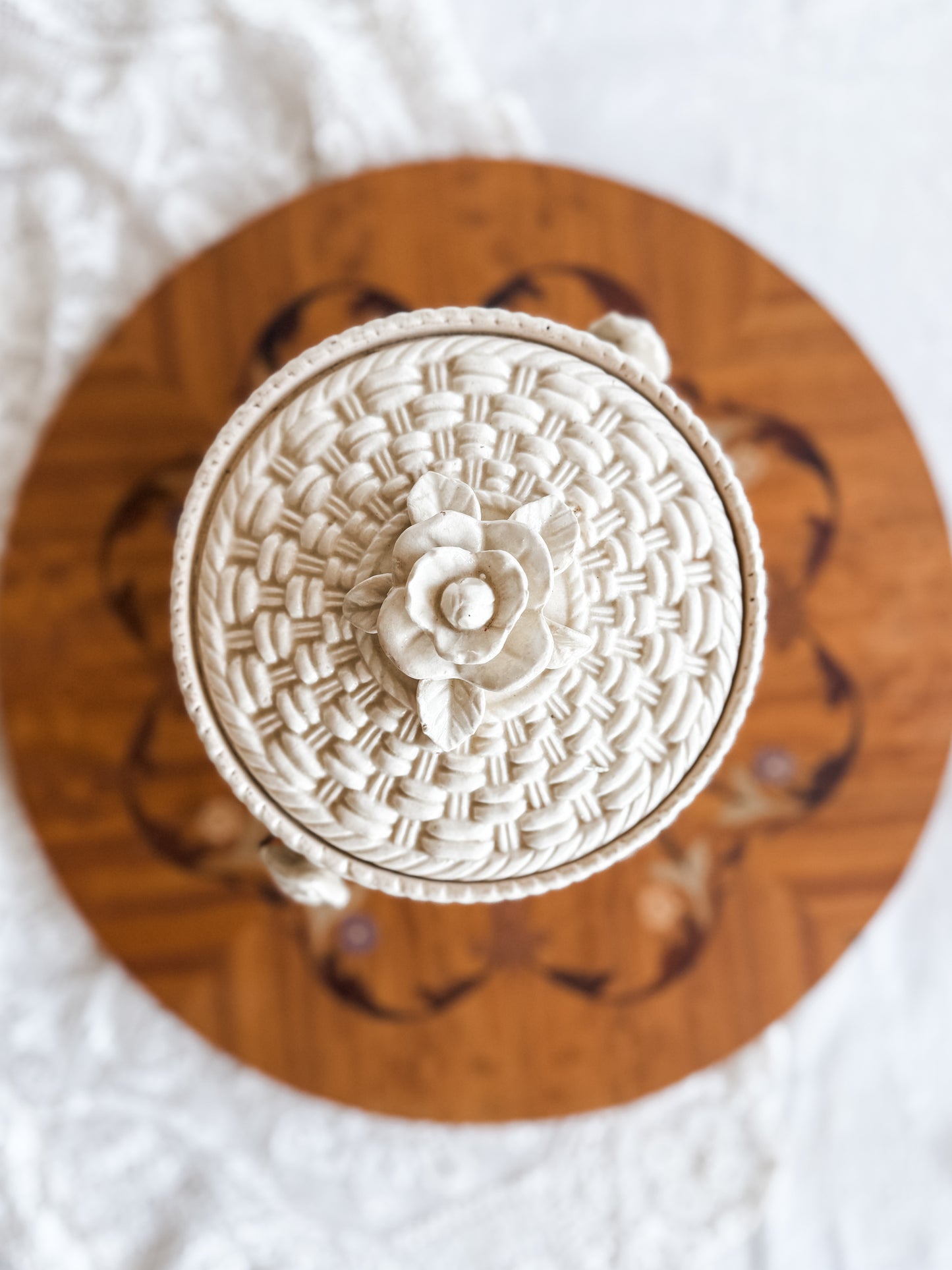Ceramic biscuit jar, basket weave pattern with rattan handle