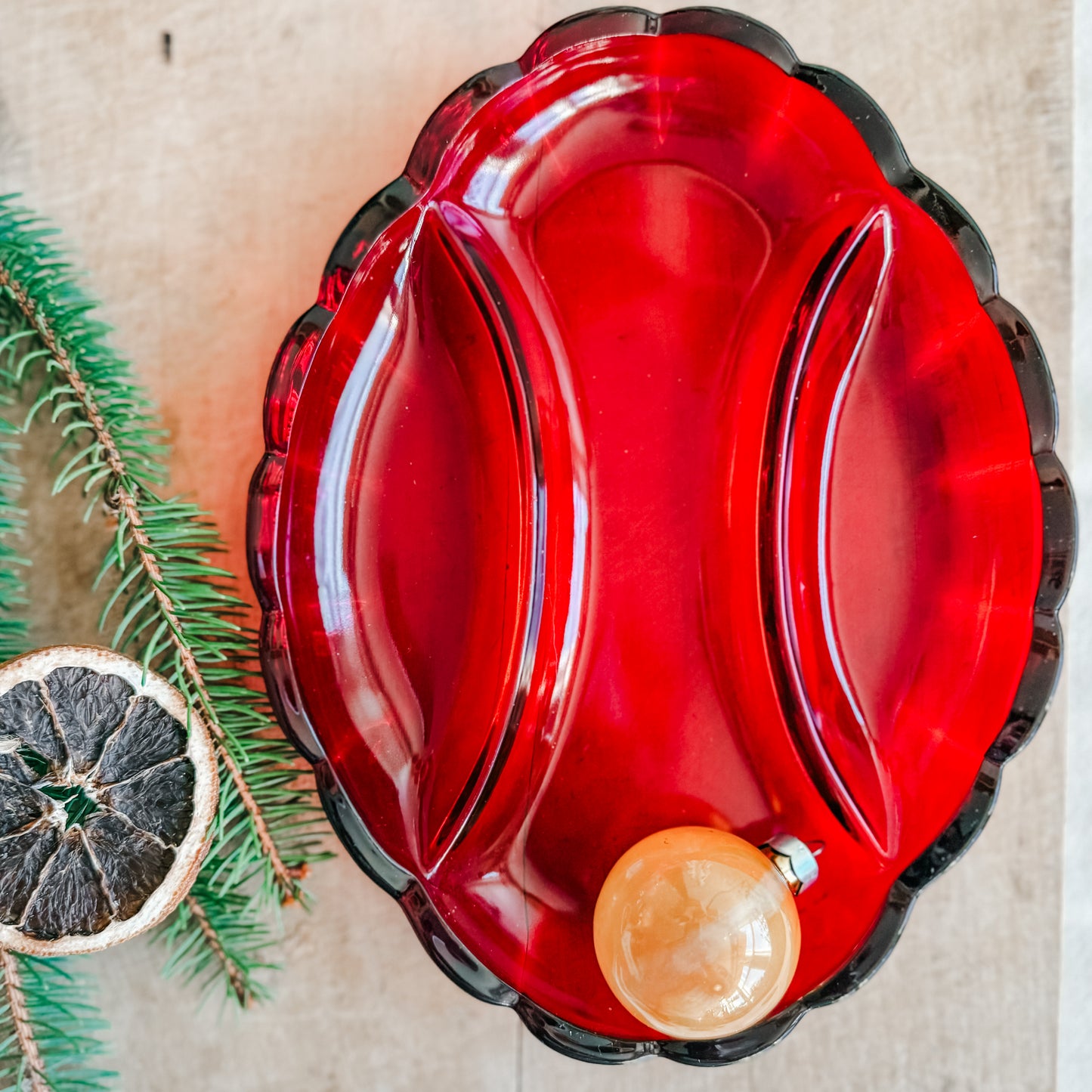 Ruby Red Glass Relish or Charcuterie Dish