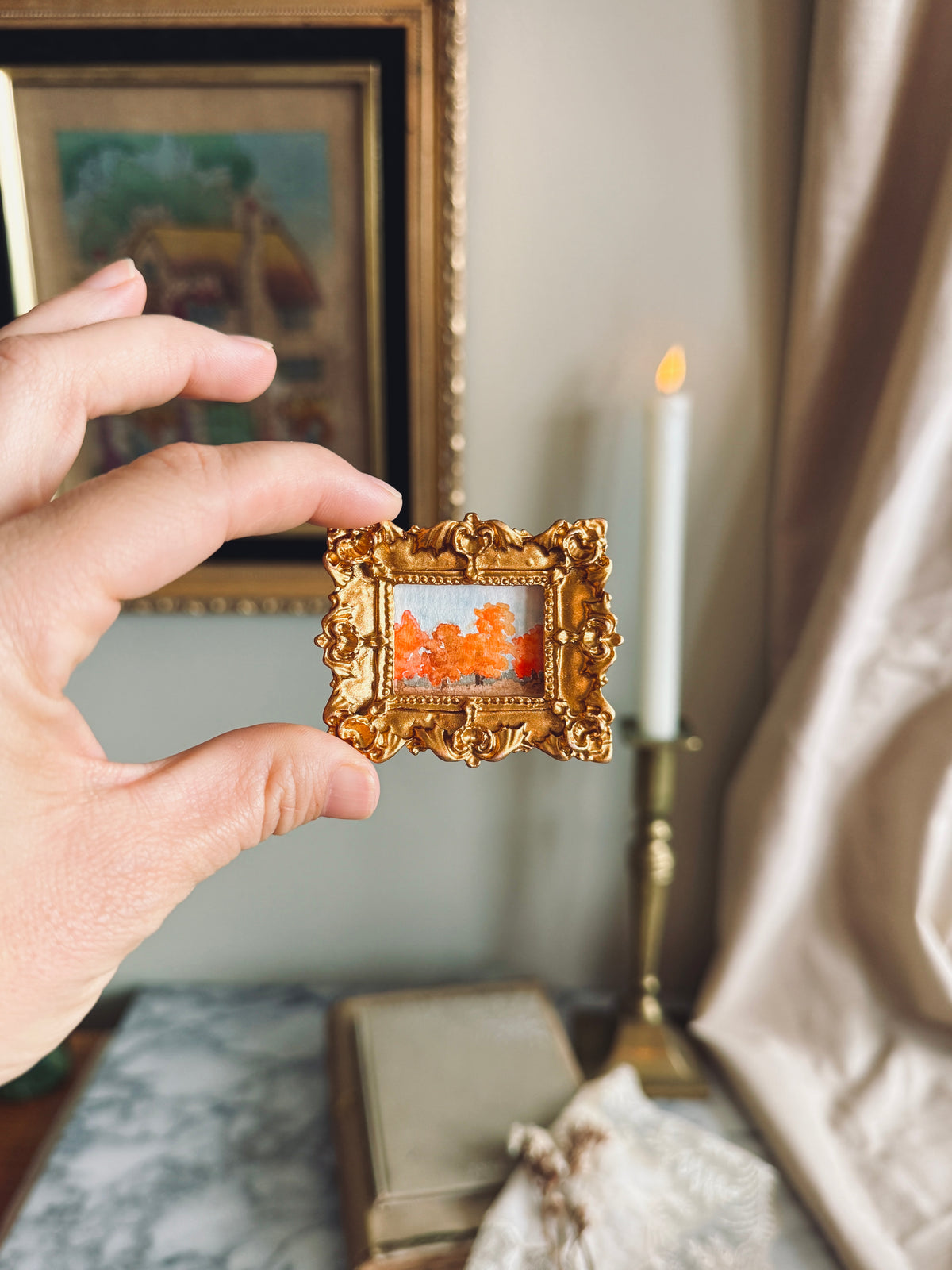 Mini original fall painting in gold vintage inspired frame