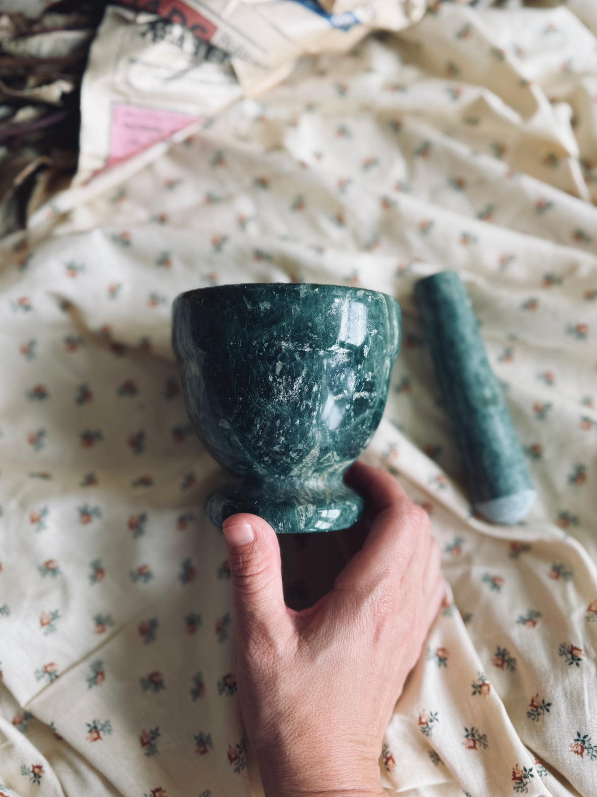 Green marble mortar and pestle