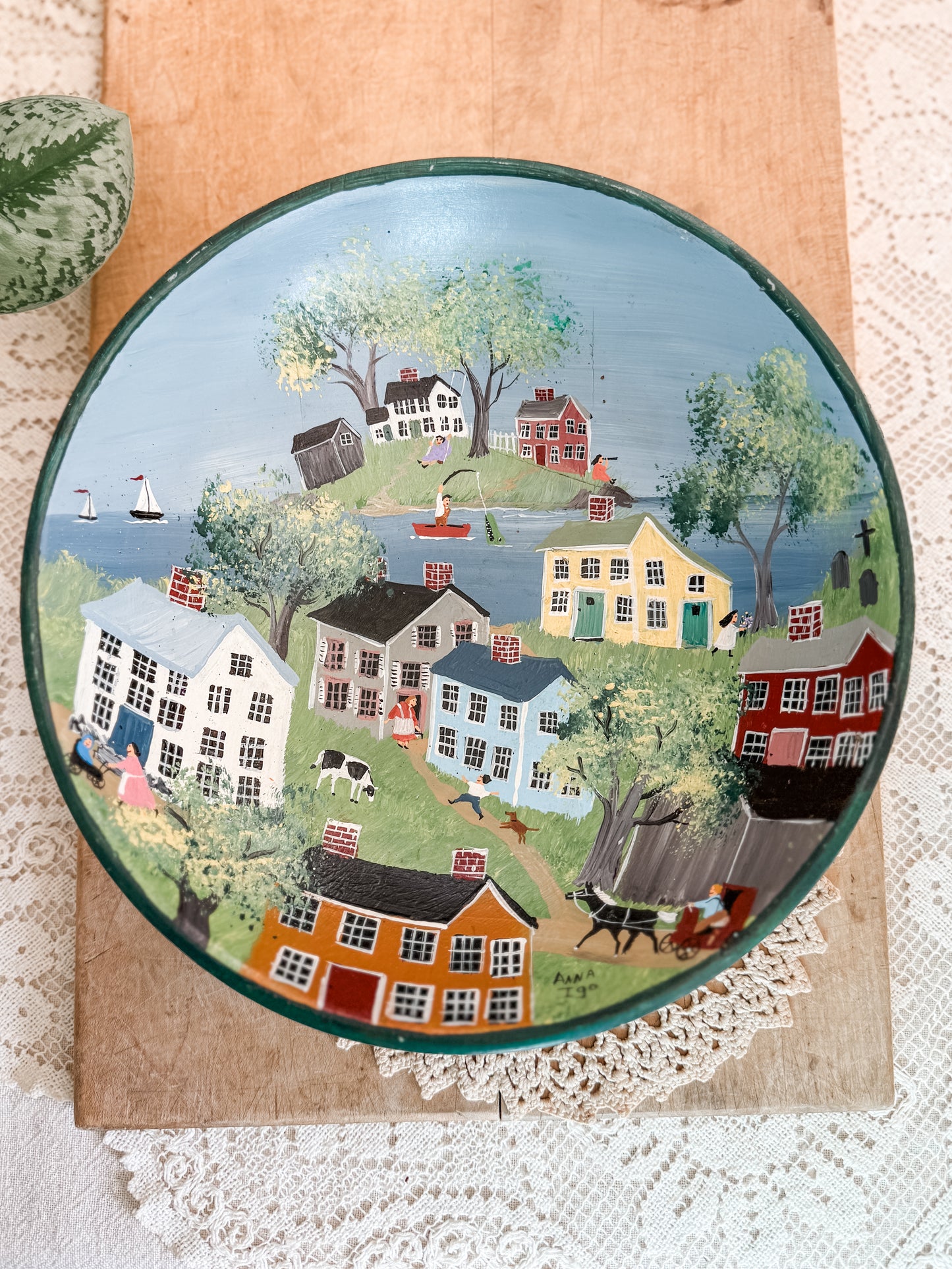 Handpainted wooden bowl with folkart scene