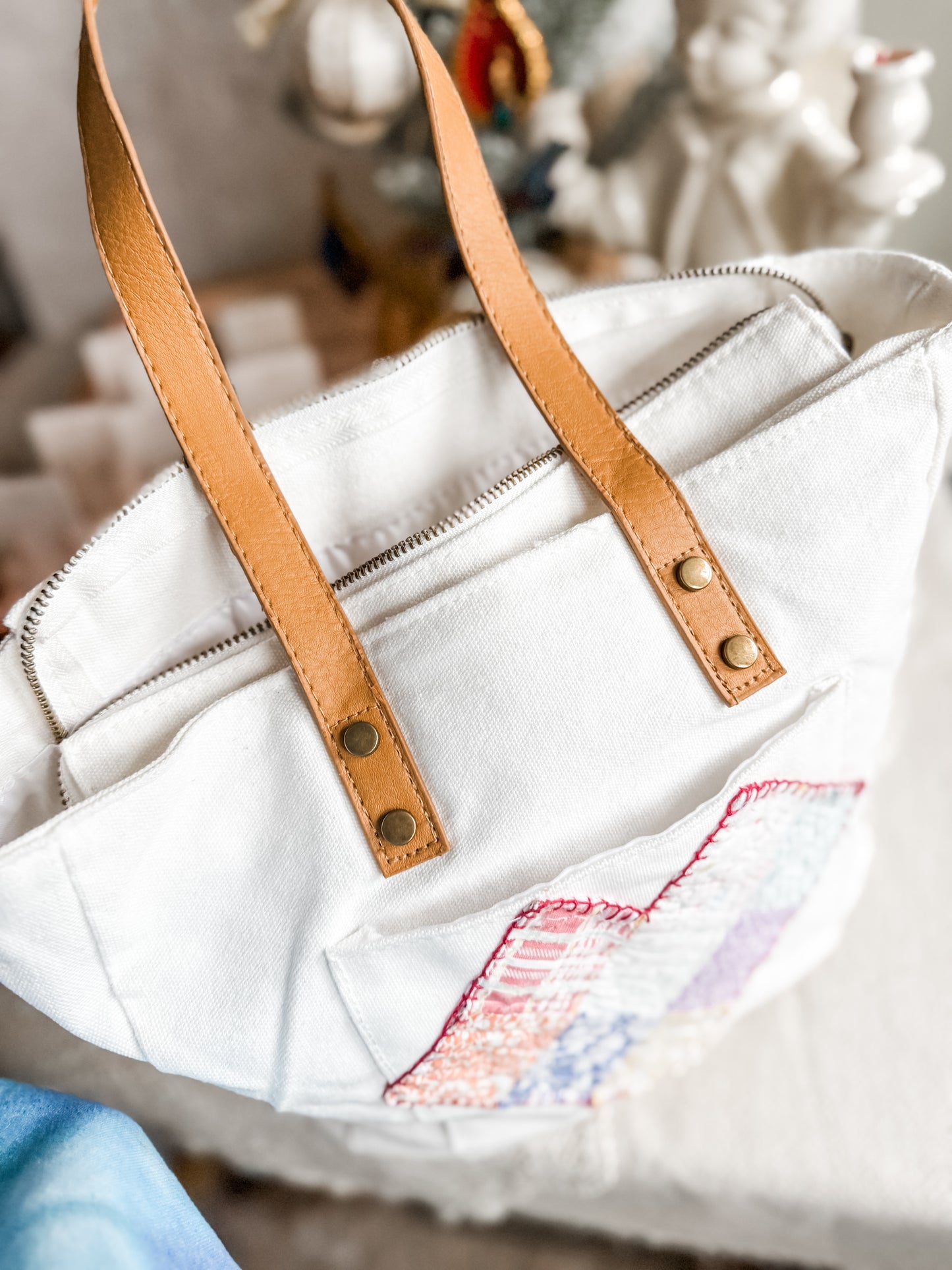 Repurposed Tote bag with hand embroidered antique quilt appliqué