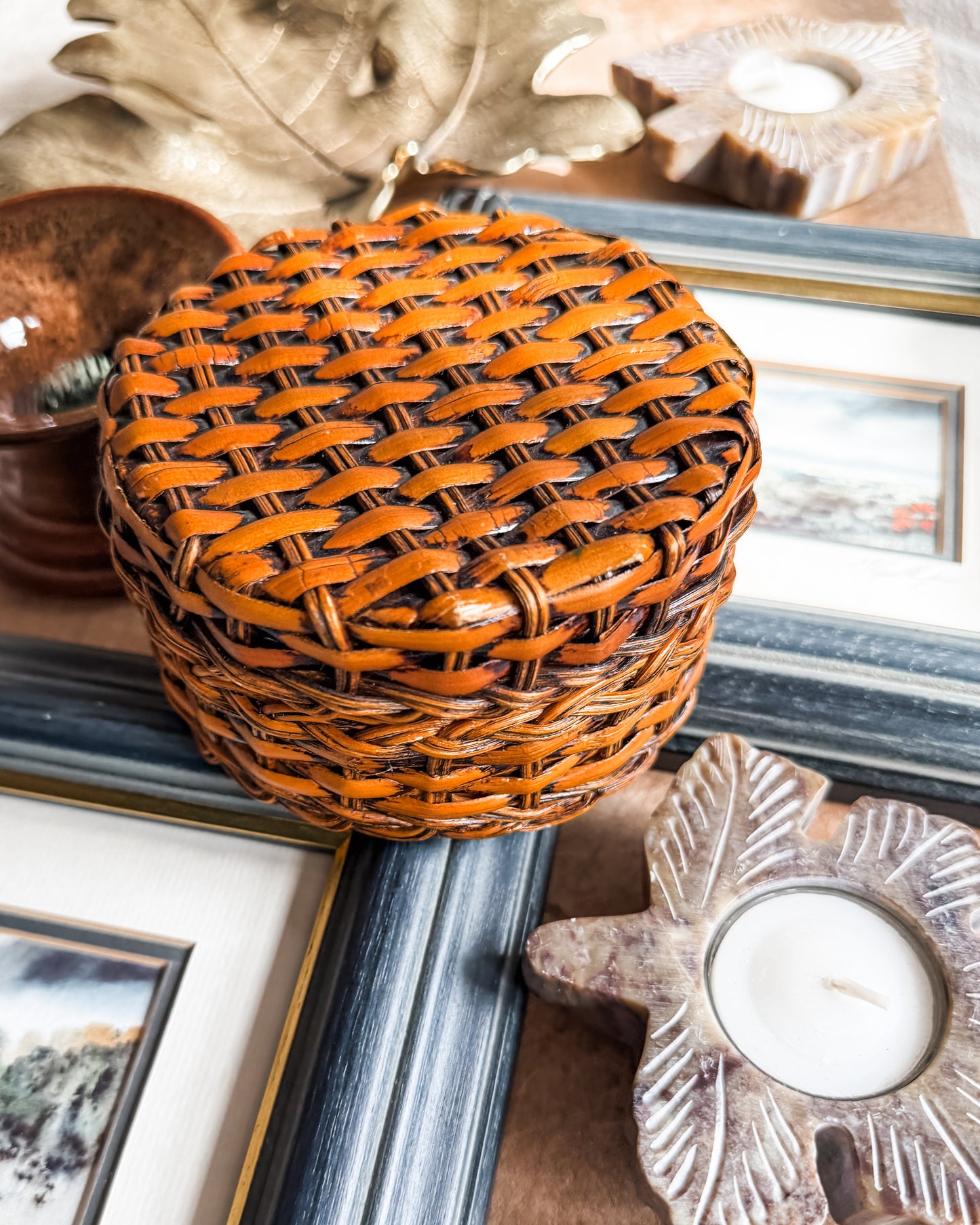 Round Lidded Rattan and Wood Box