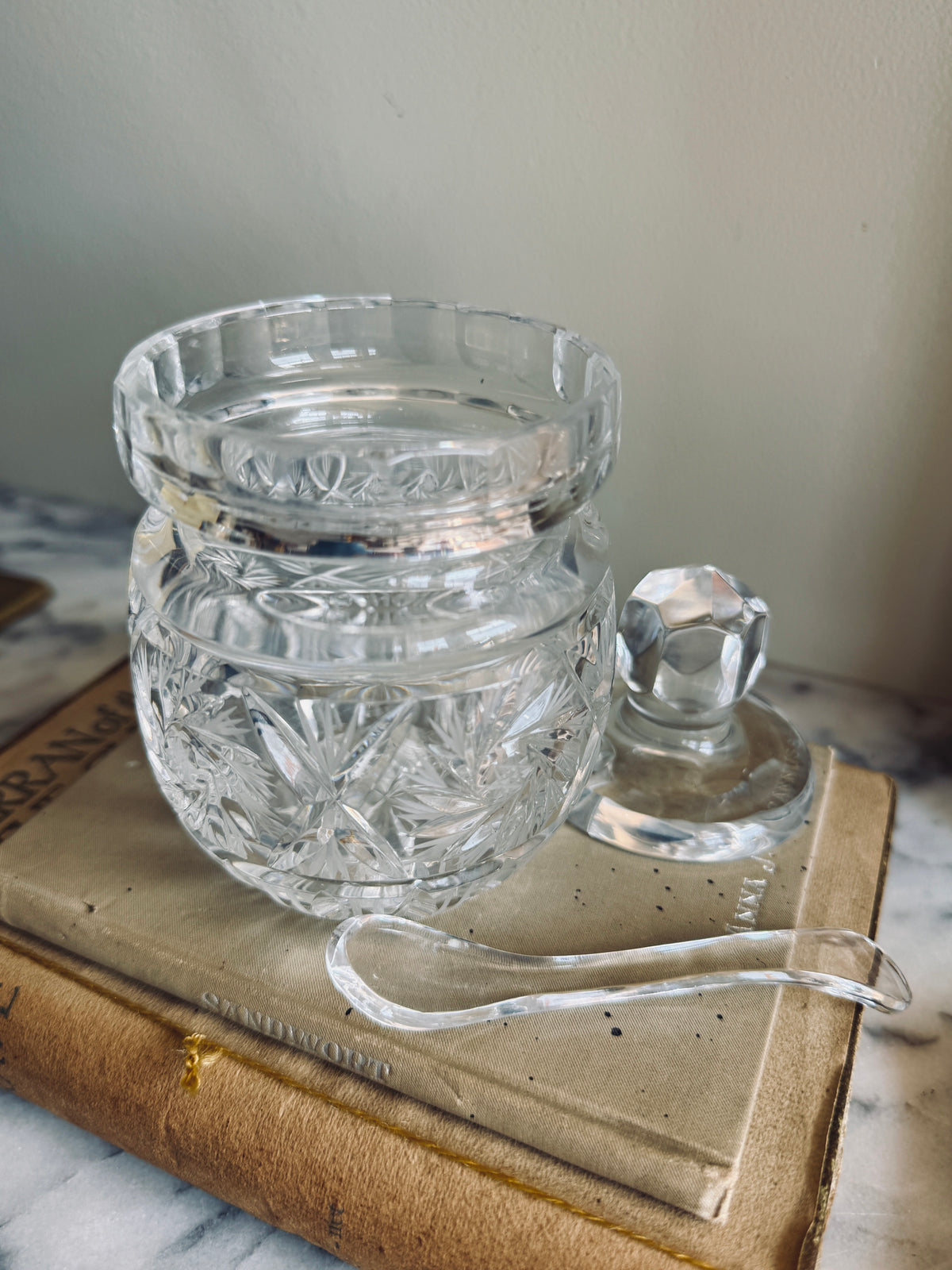 Lidded Crystal condiment jar with spoon