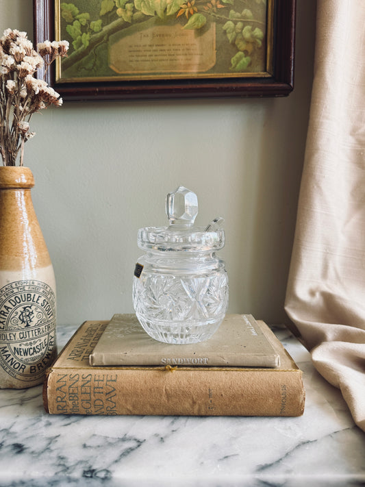 Lidded Crystal condiment jar with spoon