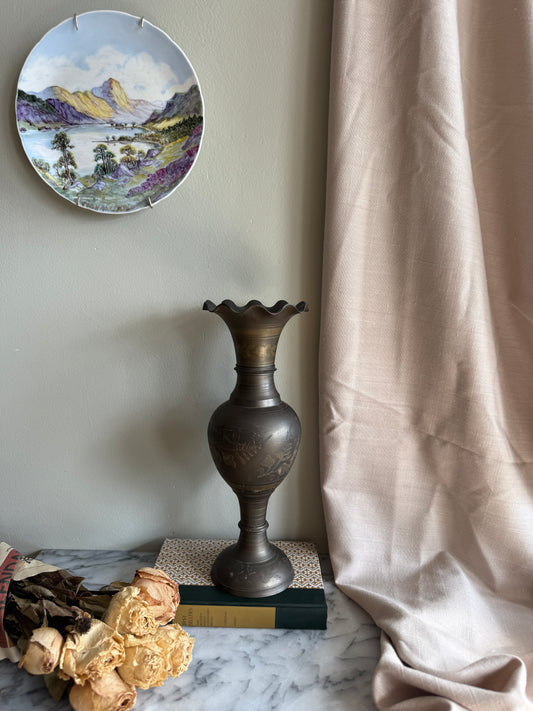 Extra large hand etched brass vase with scalloped edge
