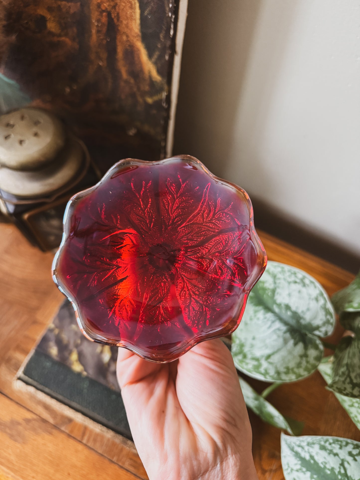 Ruby red imperial glass acanthus leaf candle holder