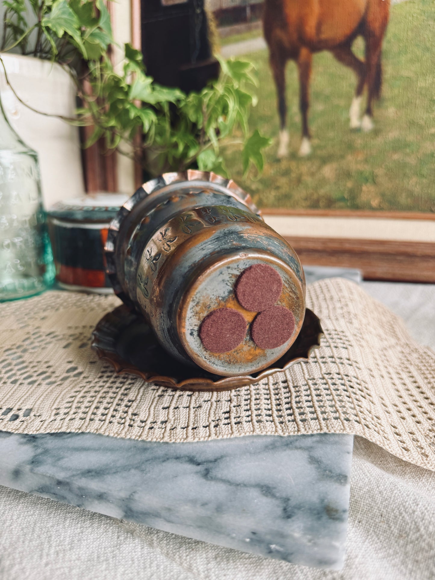 Copper planter and saucer with hand etched design