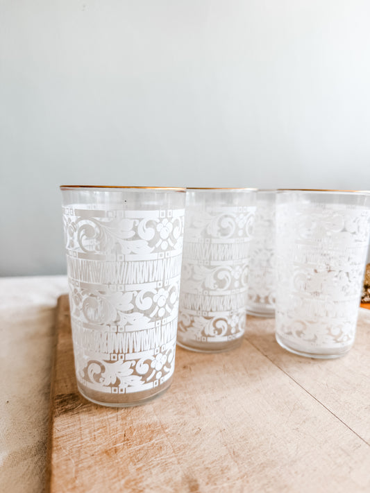 Vintage Anchor Hocking Gold Rimmed White Chantilly Lace Pattern Glasses