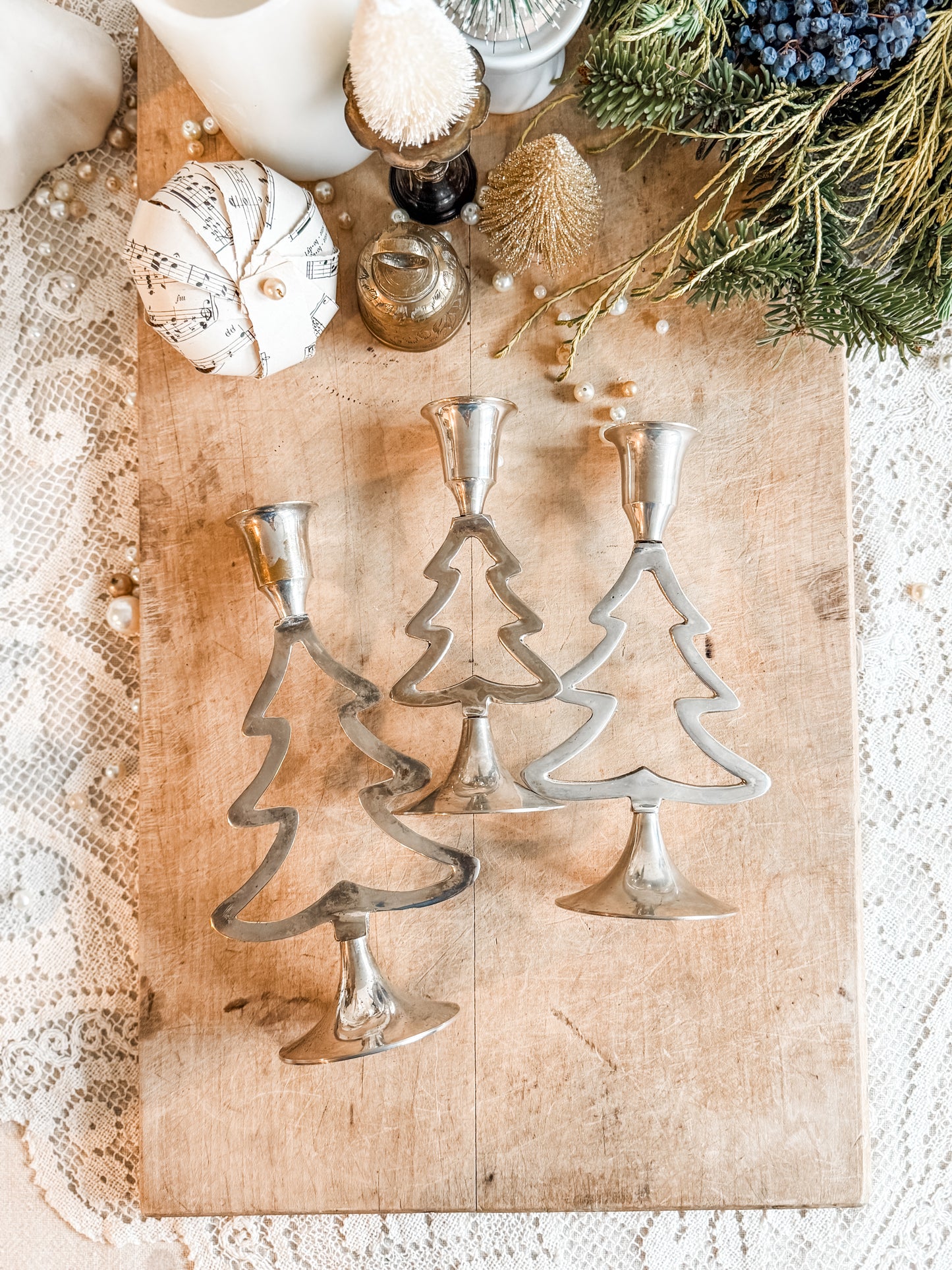 Set of 3 of silver plated tree shaped candle holders
