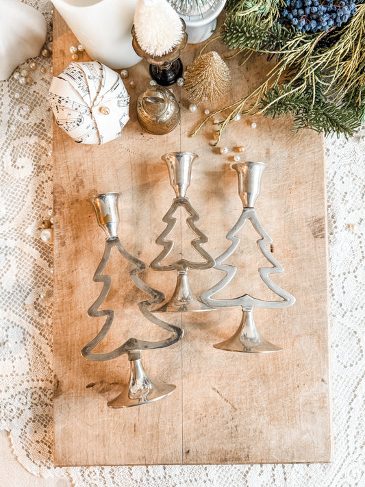 Set of 3 of silver plated tree shaped candle holders