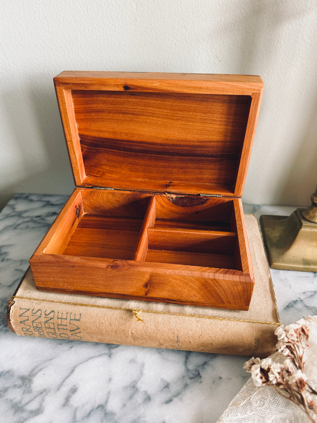 Handcrafted wooden burl wood box with intricate inlay lid