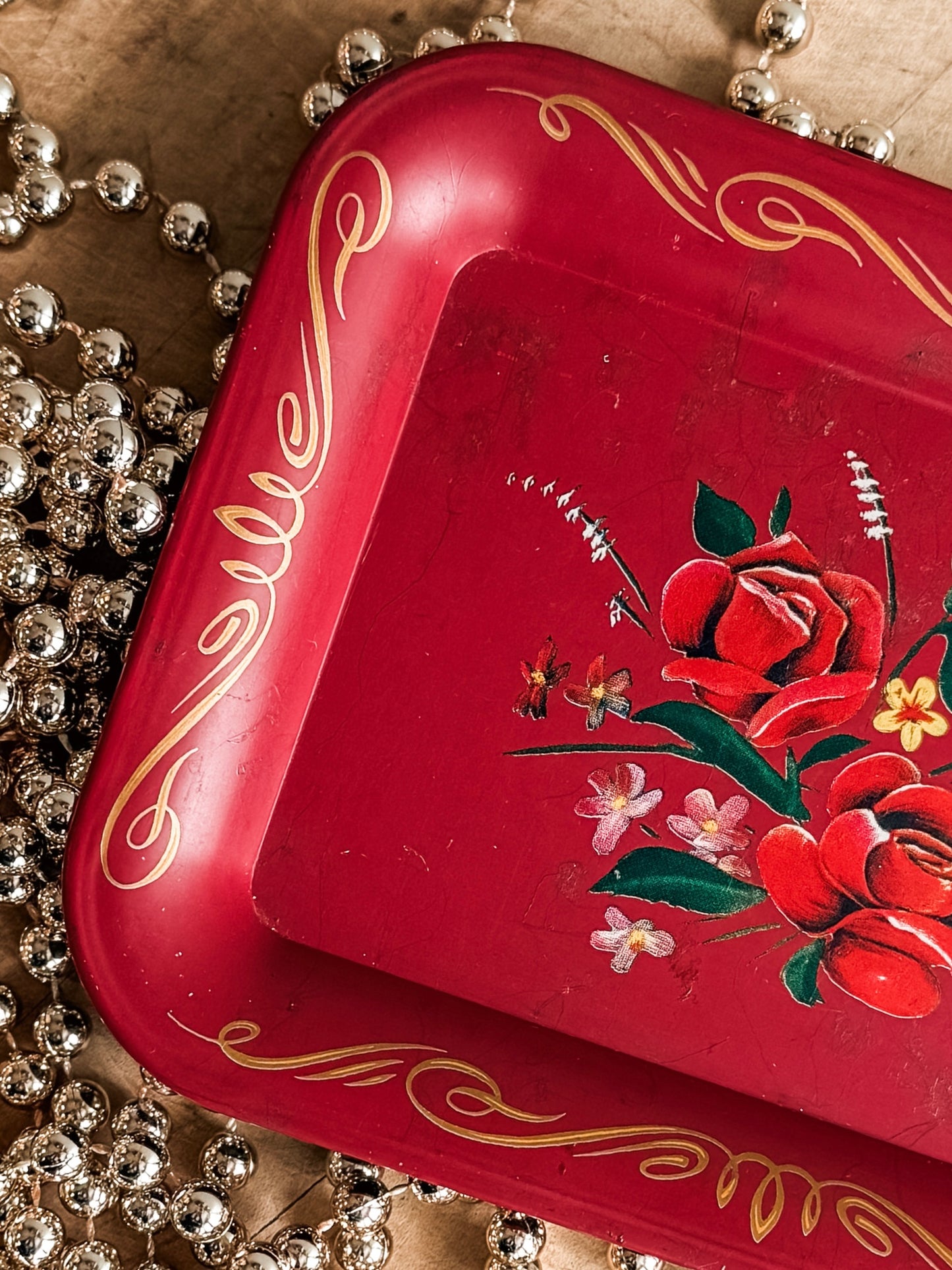 Red Floral Metal Mini Tray