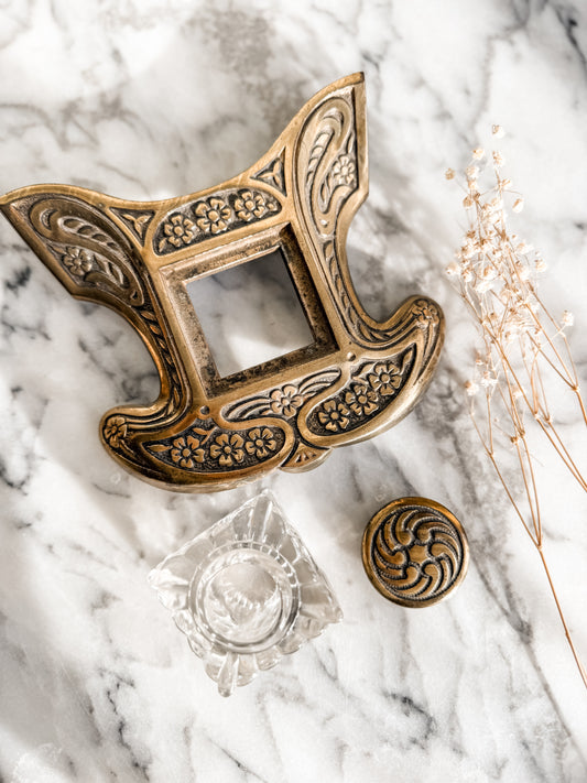 Art deco brass and glass Inkwell with rare floral design