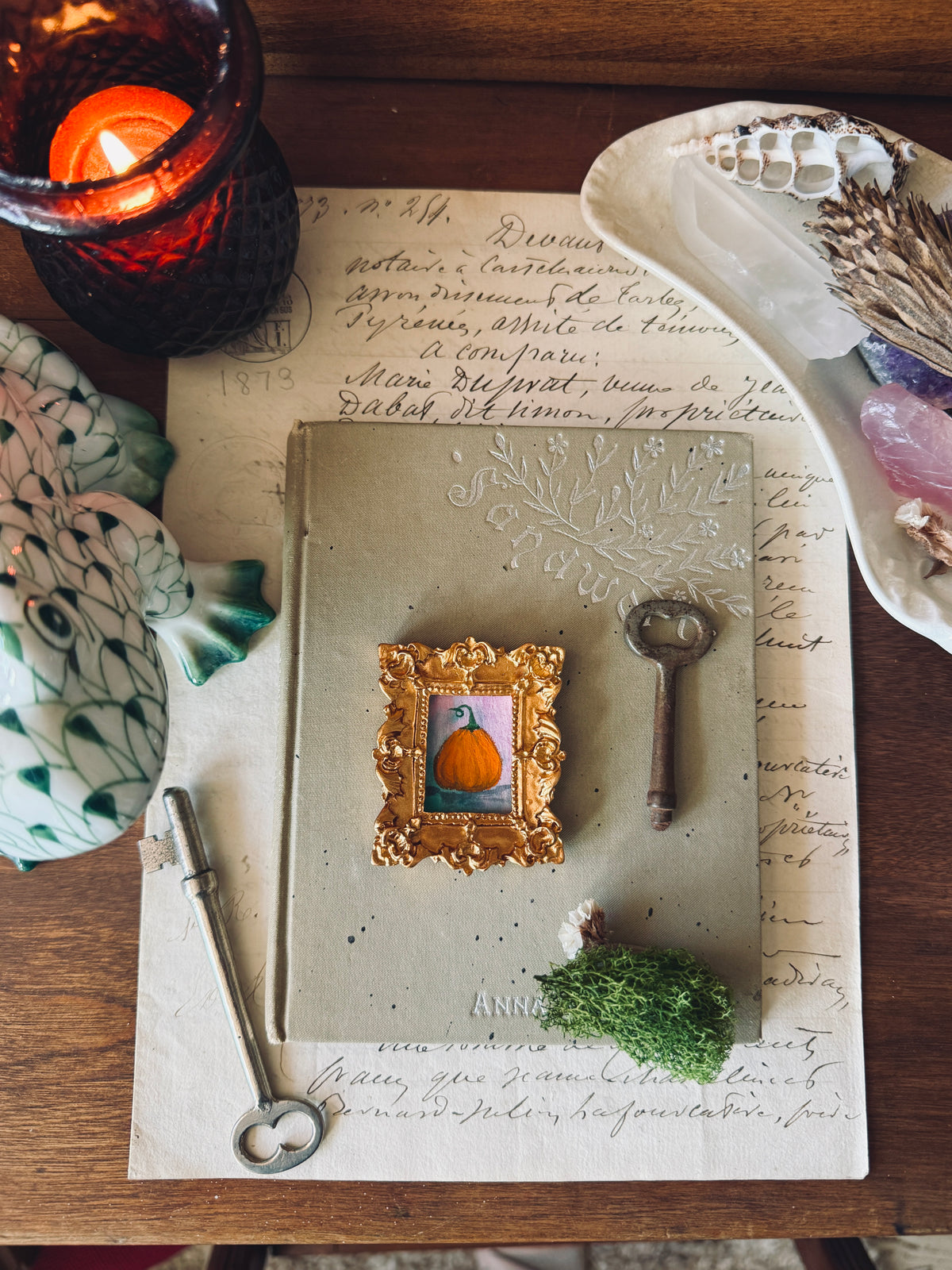 Mini pumpkin portrait in rectangular gold resin frame