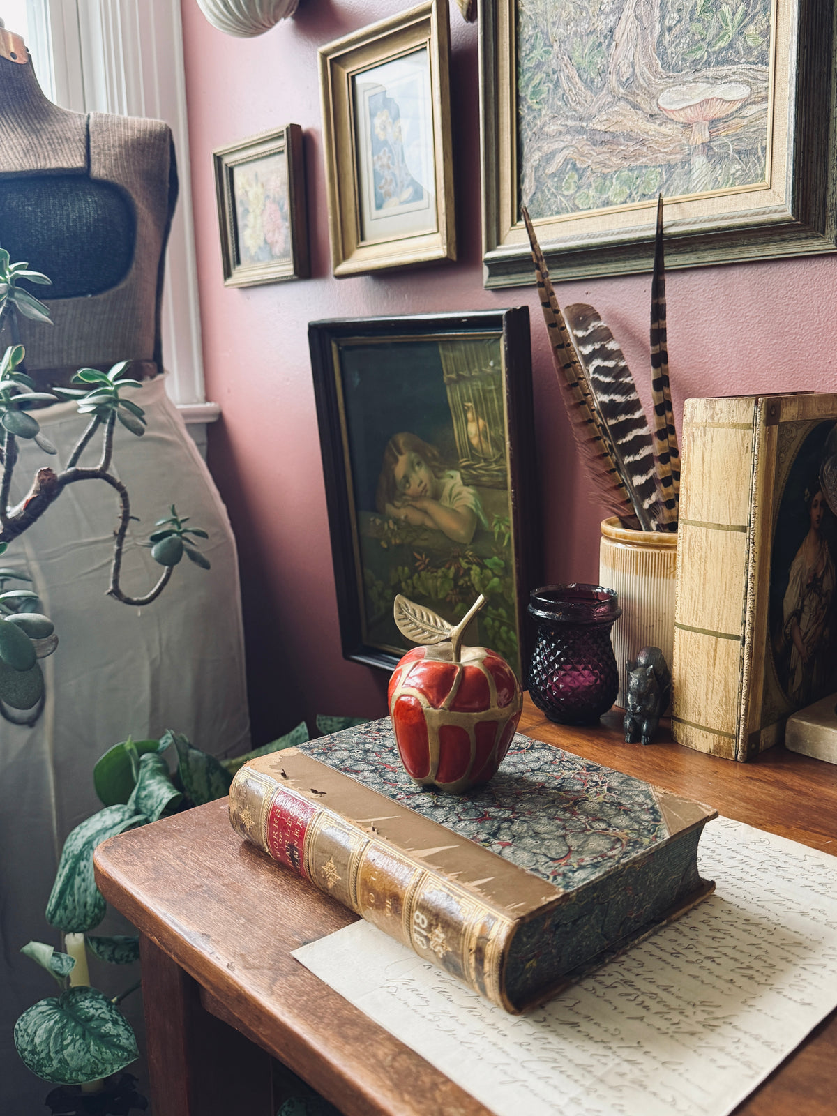 Brass and red enamel apple