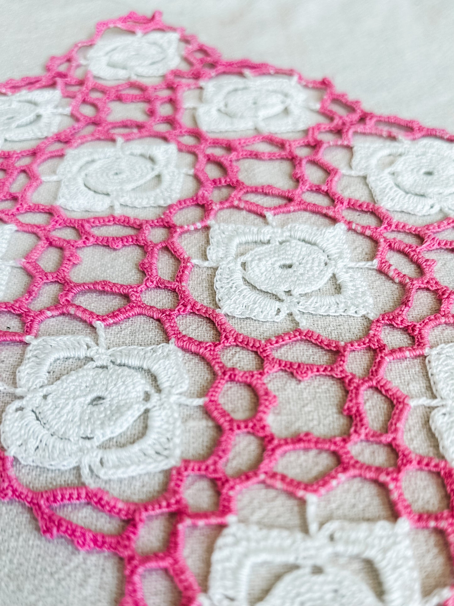 Pink and White Crocheted 3 Piece Doily Set