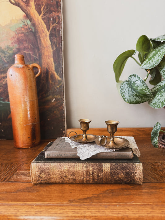 Two Vintage Brass Chamber Candlestick Holder with Handle