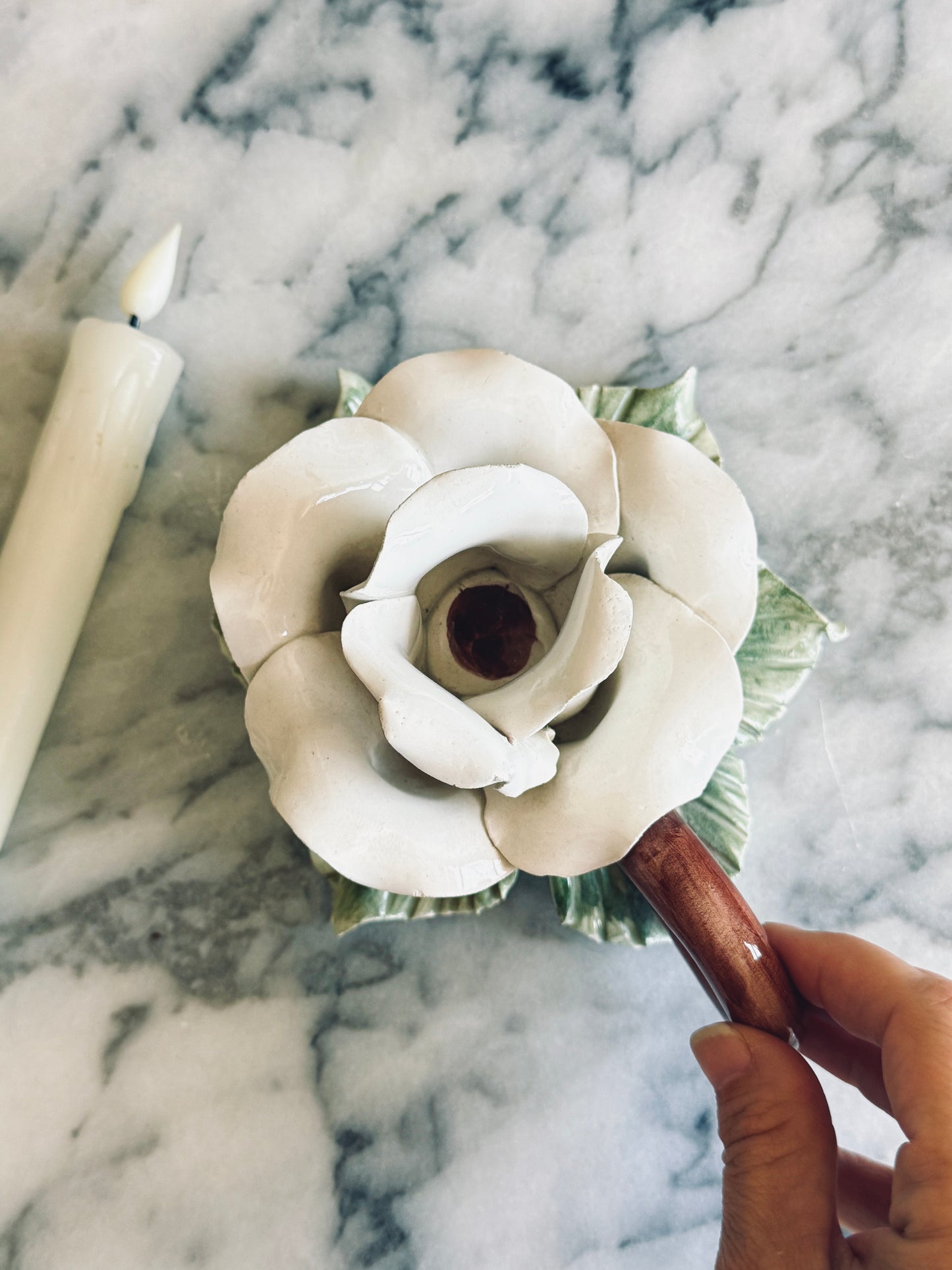 Italian White Rose Capodimonte Candle Holder