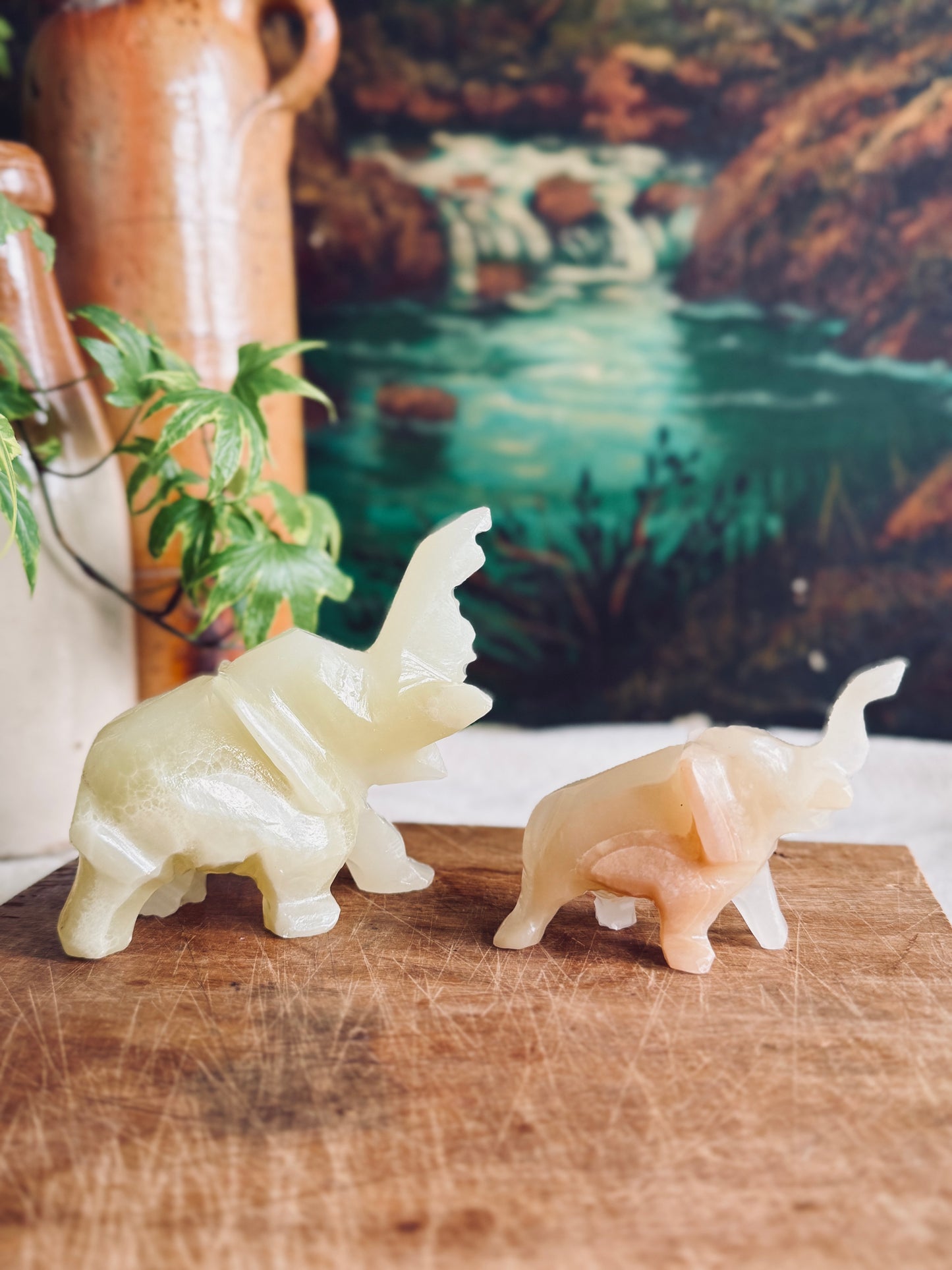 Pair of vintage onyx hand carved stone elephants
