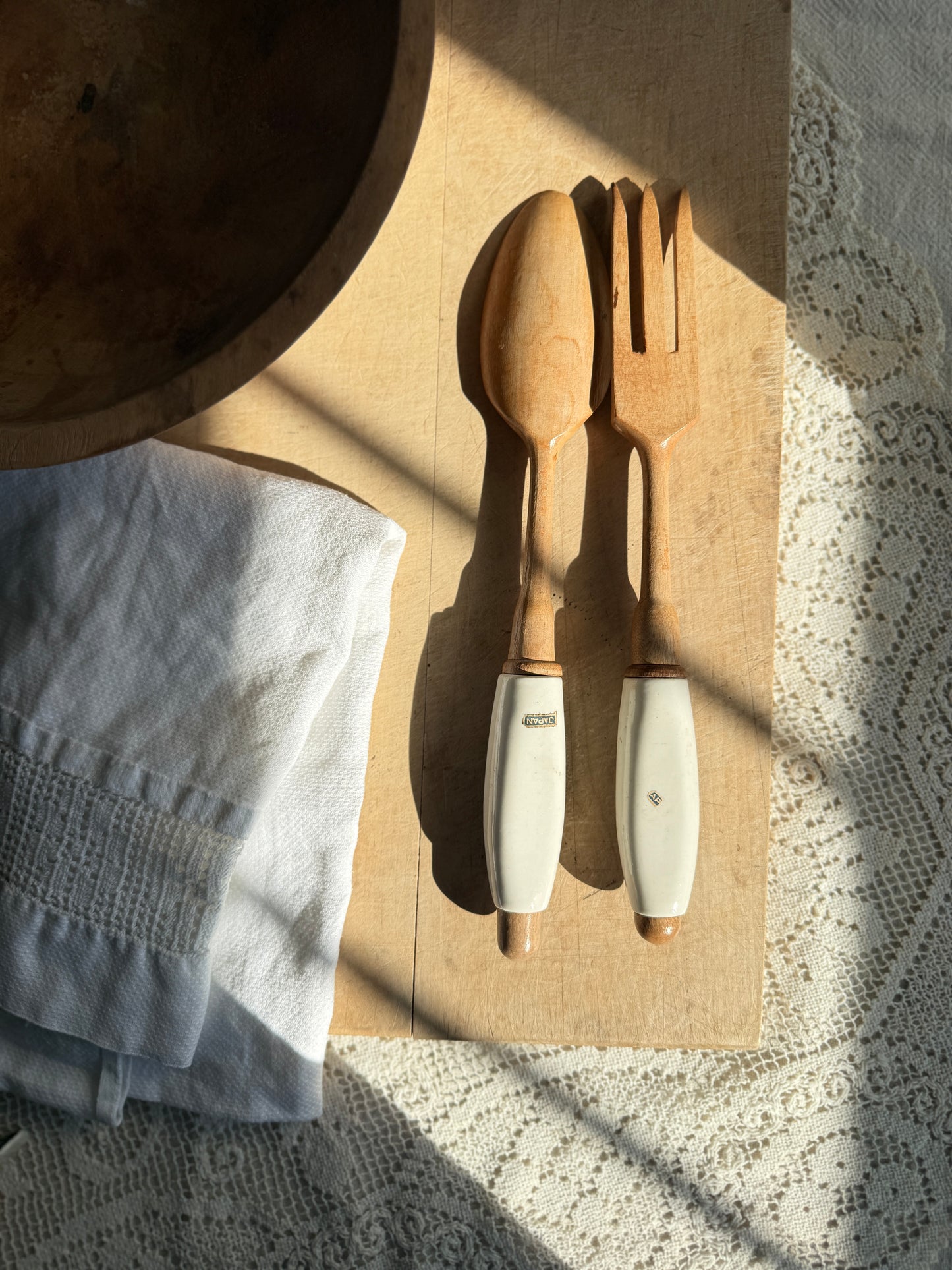 Wooden salad serving fork and spoon with porcelain handles