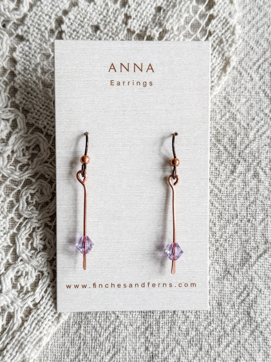 Copper Earrings with Lilac Bead