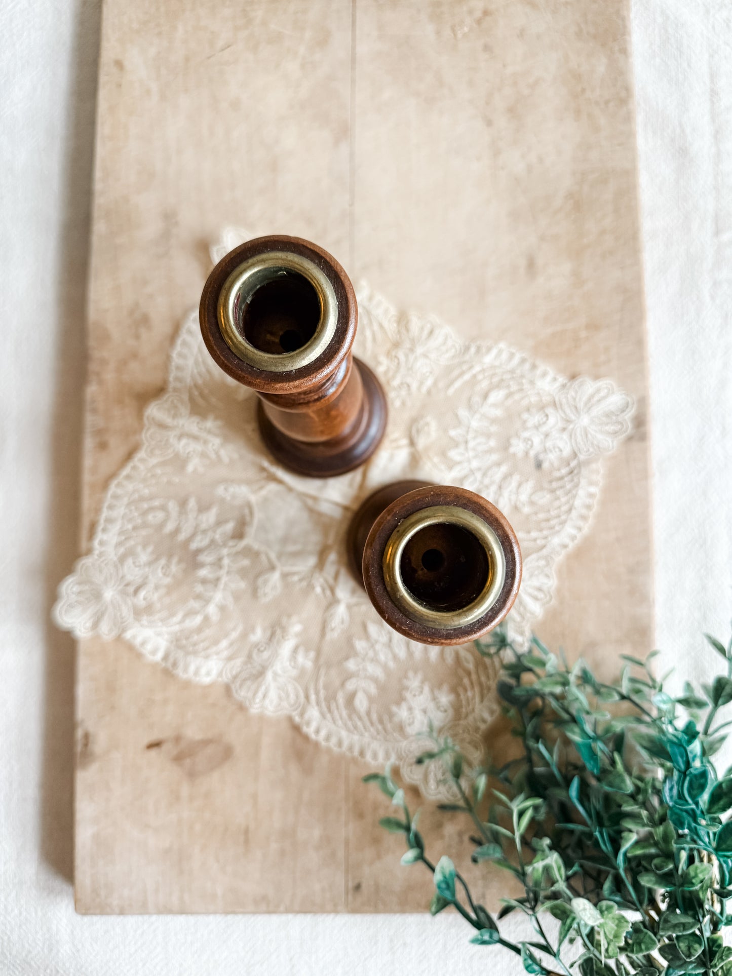 Mid Century Wooden Carved Brass Topped and Felted Candlestick Holders