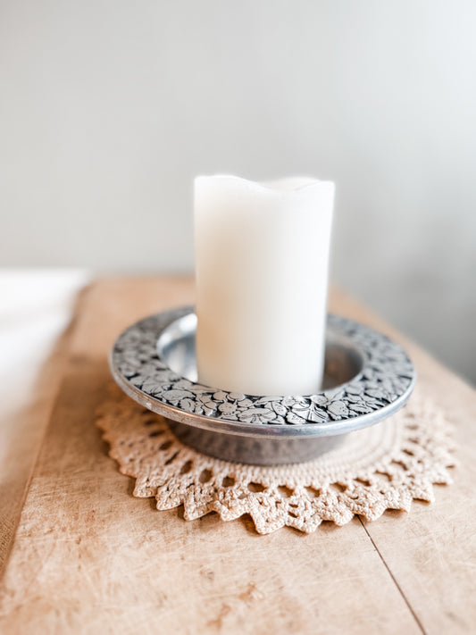 Vintage Pewterex Wine Coaster, Candle Holder or Trinket Dish with Morning Glory Motif